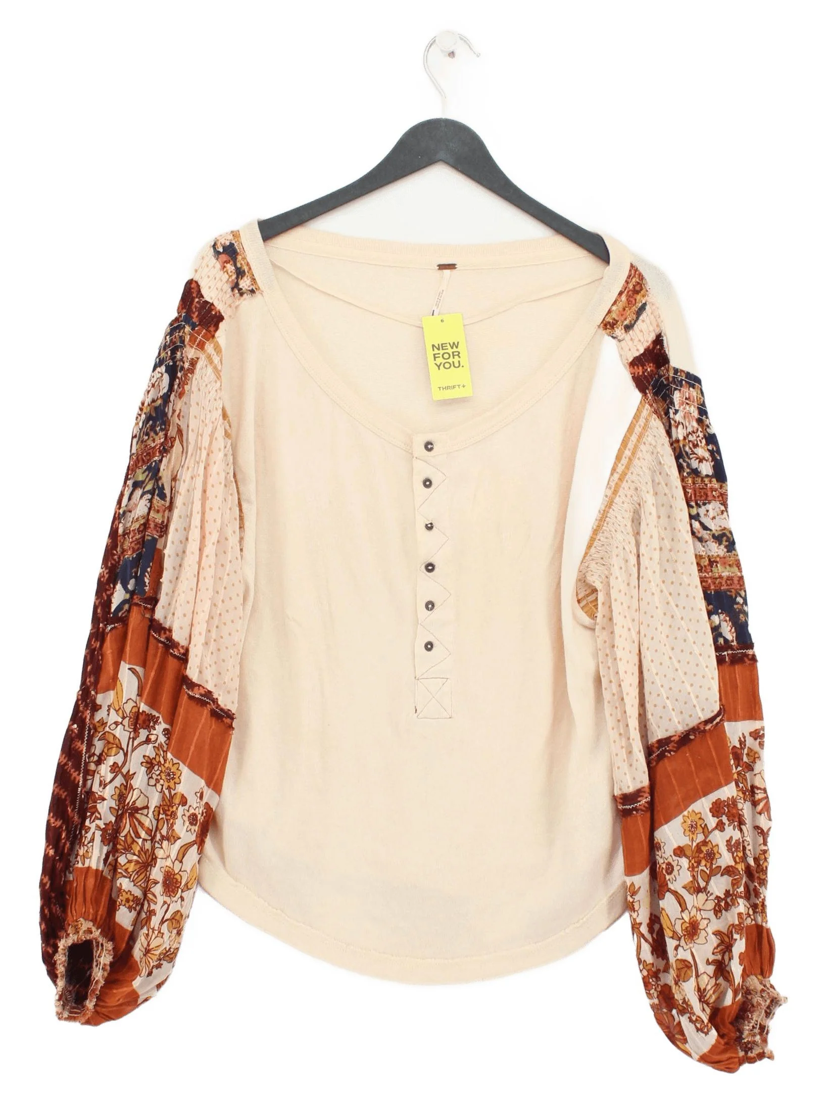 Free People Women's Top M Cream Floral 100% Cotton Long Sleeve V-Neck Basic