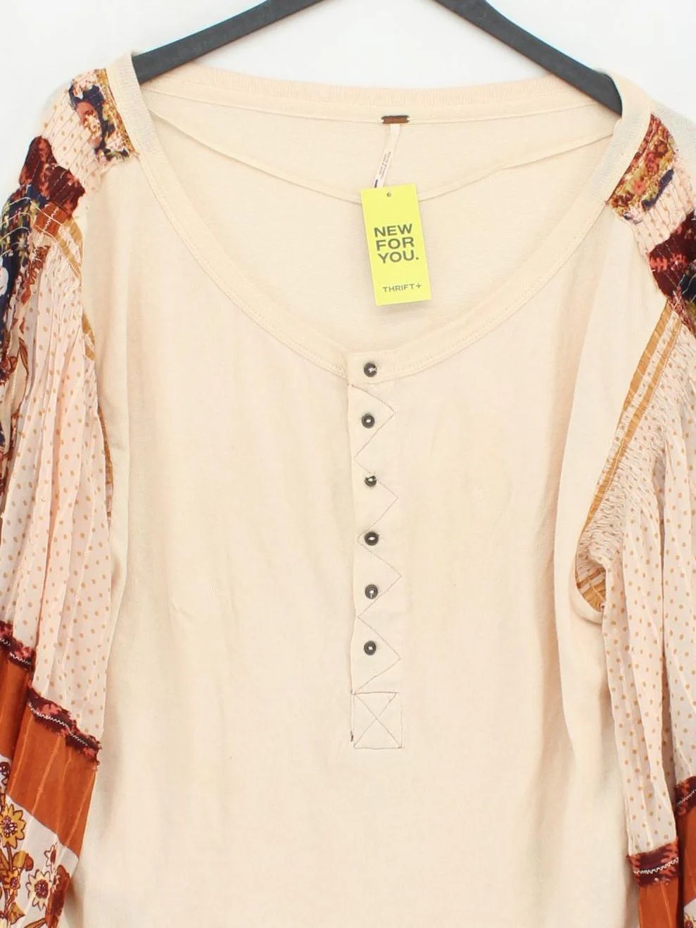 Free People Women's Top M Cream Floral 100% Cotton Long Sleeve V-Neck Basic - Image 3