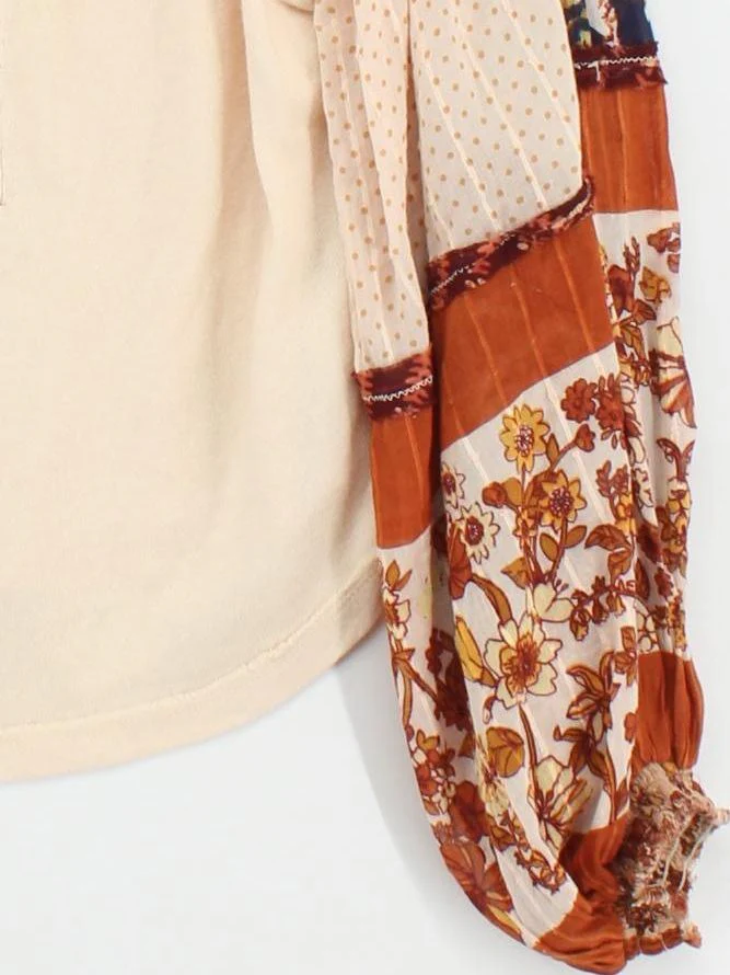 Free People Women's Top M Cream Floral 100% Cotton Long Sleeve V-Neck Basic - Image 4