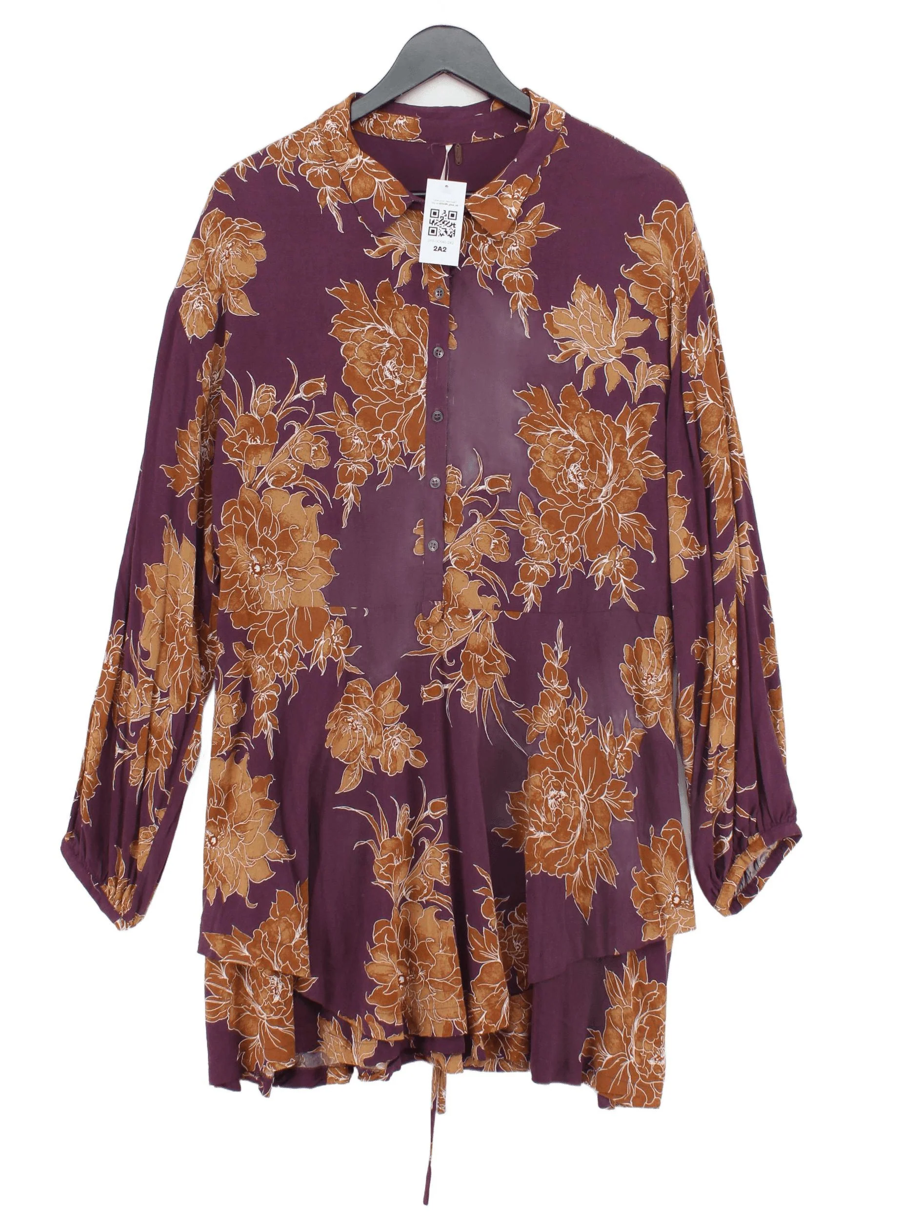 Free People Women's Top M Purple Floral 100% Rayon Long Sleeve Collared Tunic