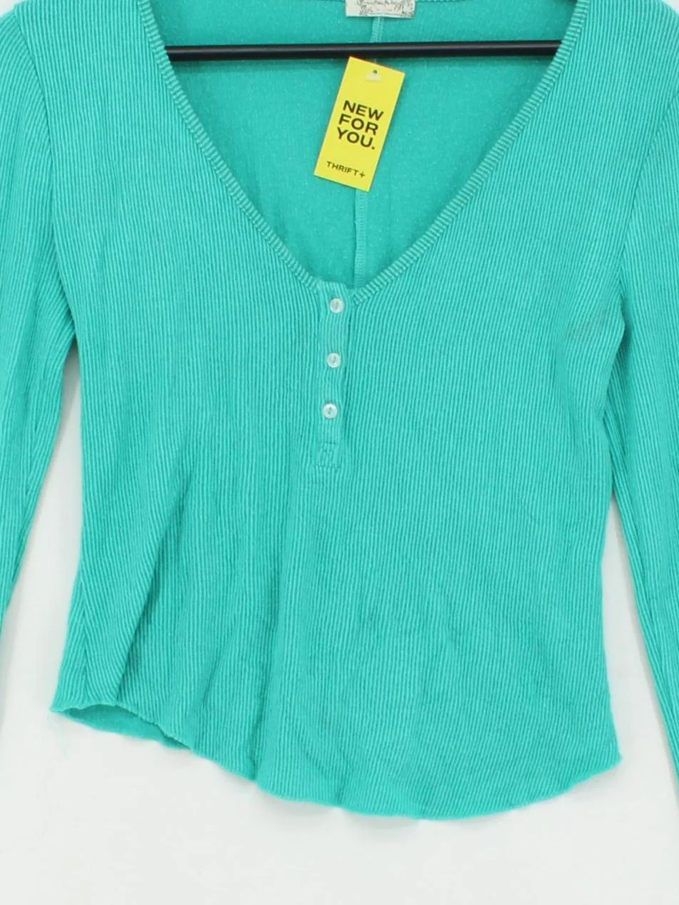 Free People Women's Top XS Green 100% Other Long Sleeve V-Neck Basic - Image 3
