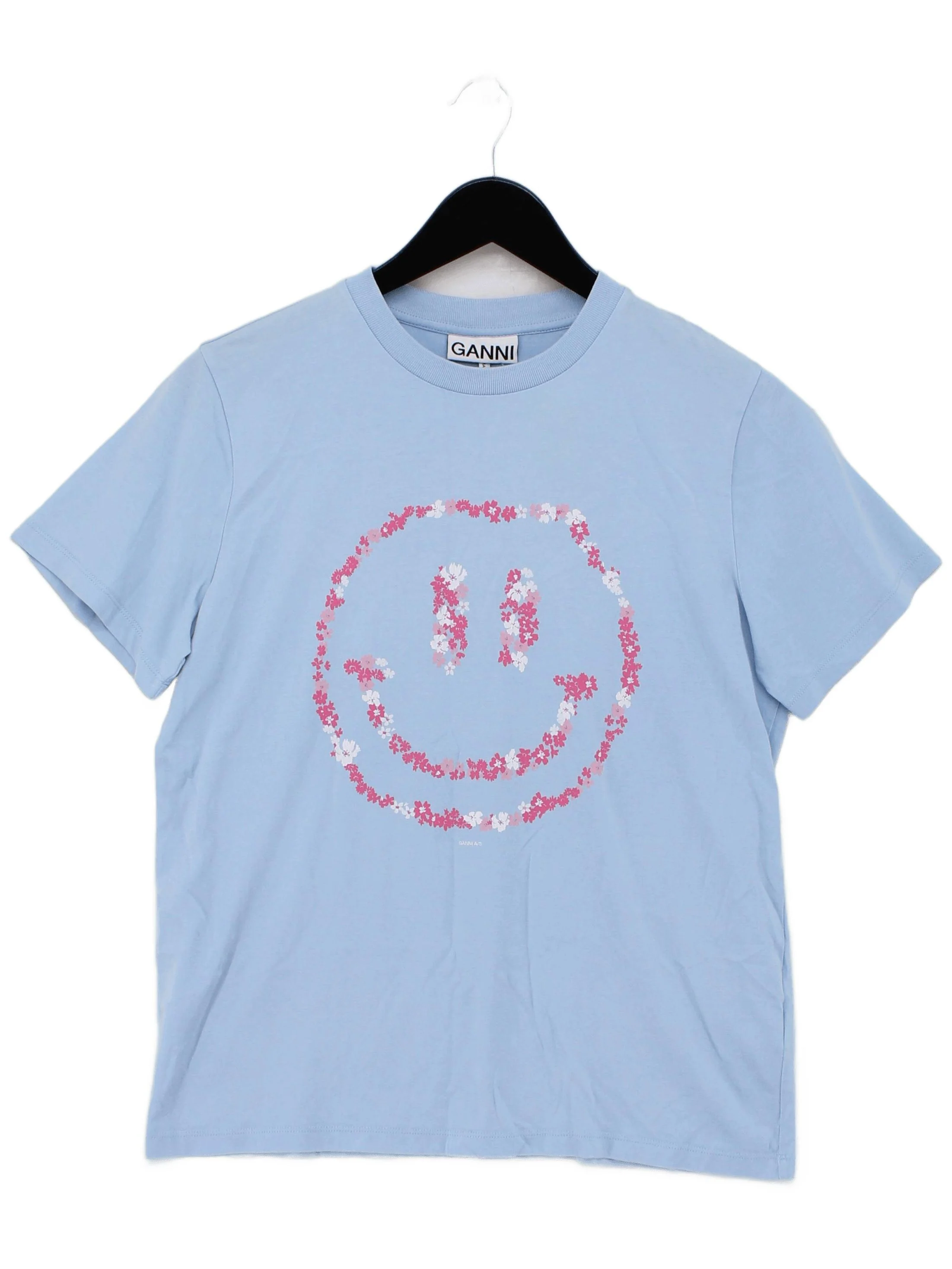 Ganni Women's T-Shirt XS Blue Graphic 100% Cotton Short Sleeve Round Neck Basic