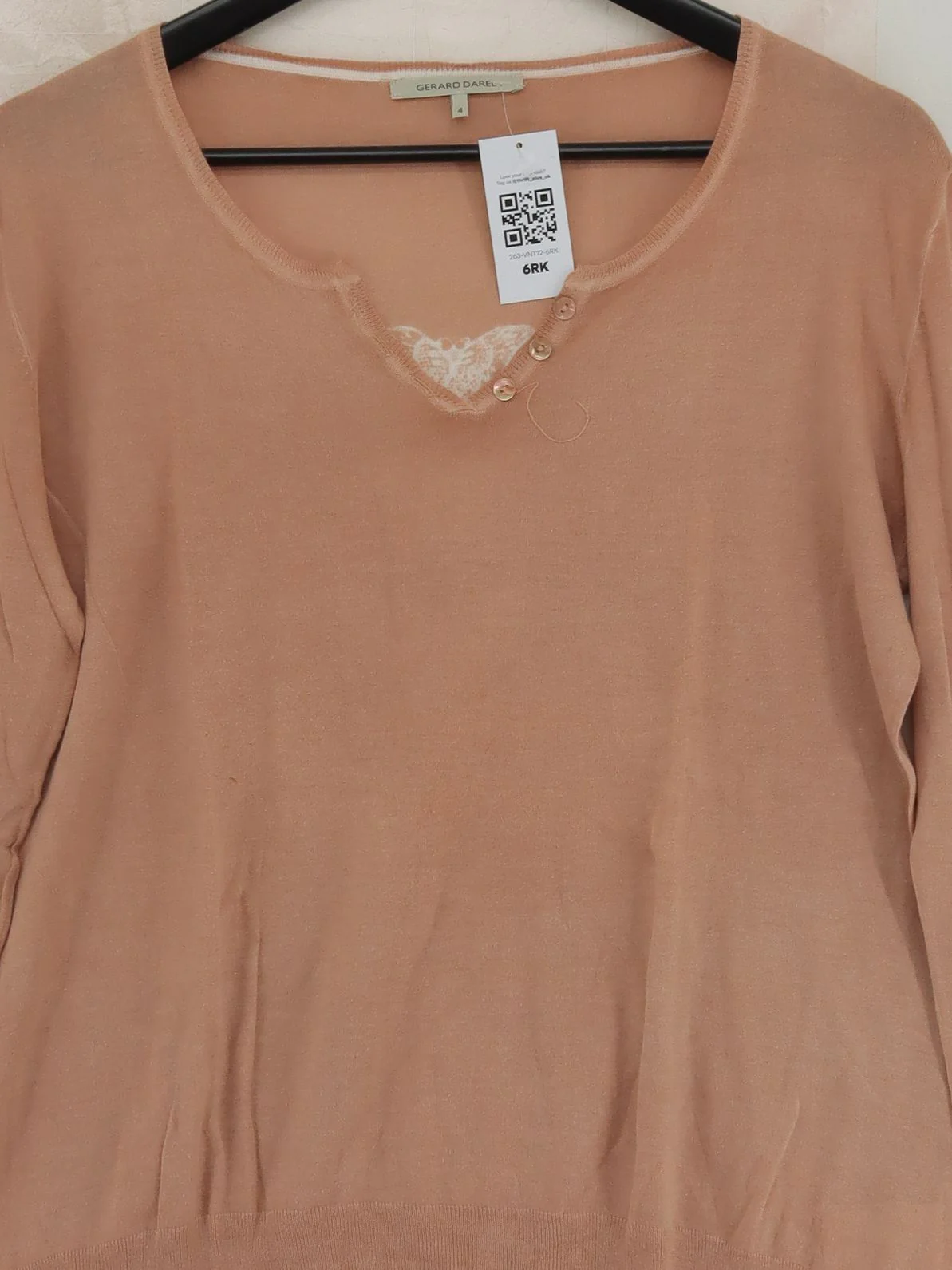 Gerard Darel Women's Jumper UK 4 Tan Graphic 100% Cotton V-Neck Pullover - Image 3