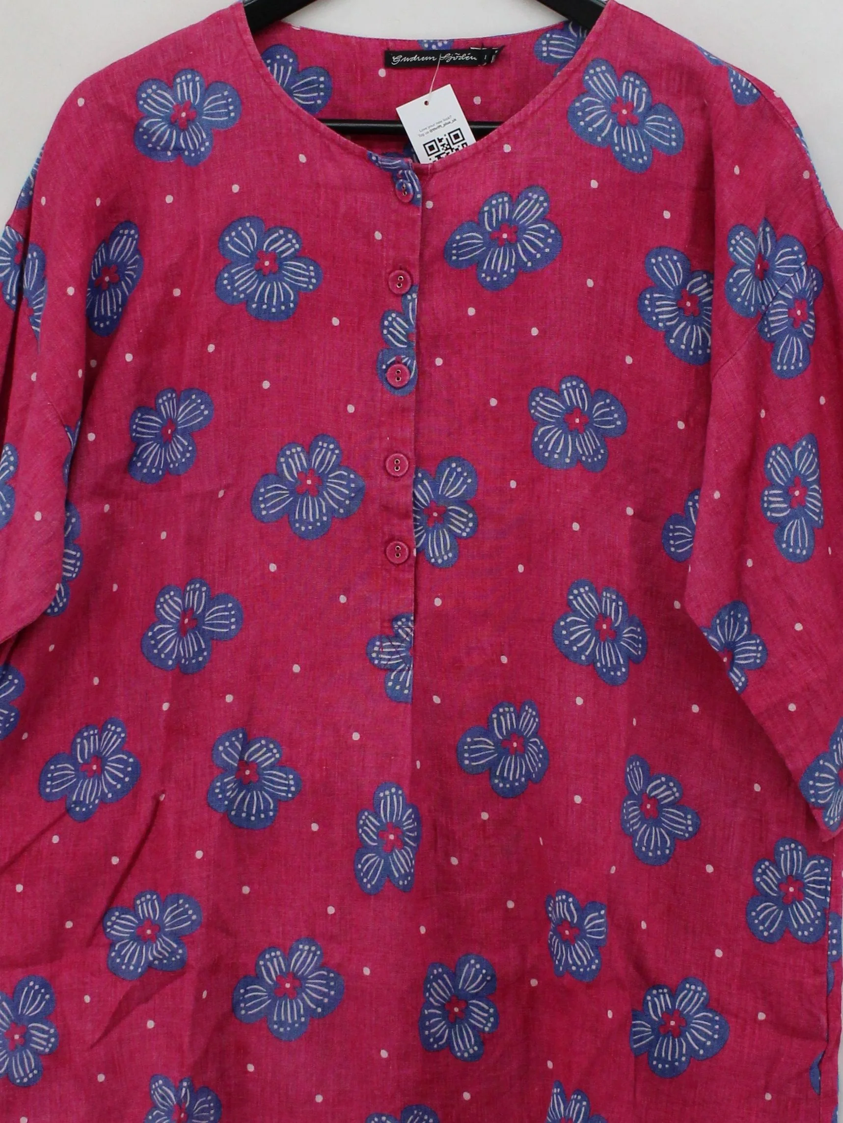 Gudrun Sjöden Women's Top L Pink Floral 100% Linen Short Sleeve Round Neck Tunic - Image 3