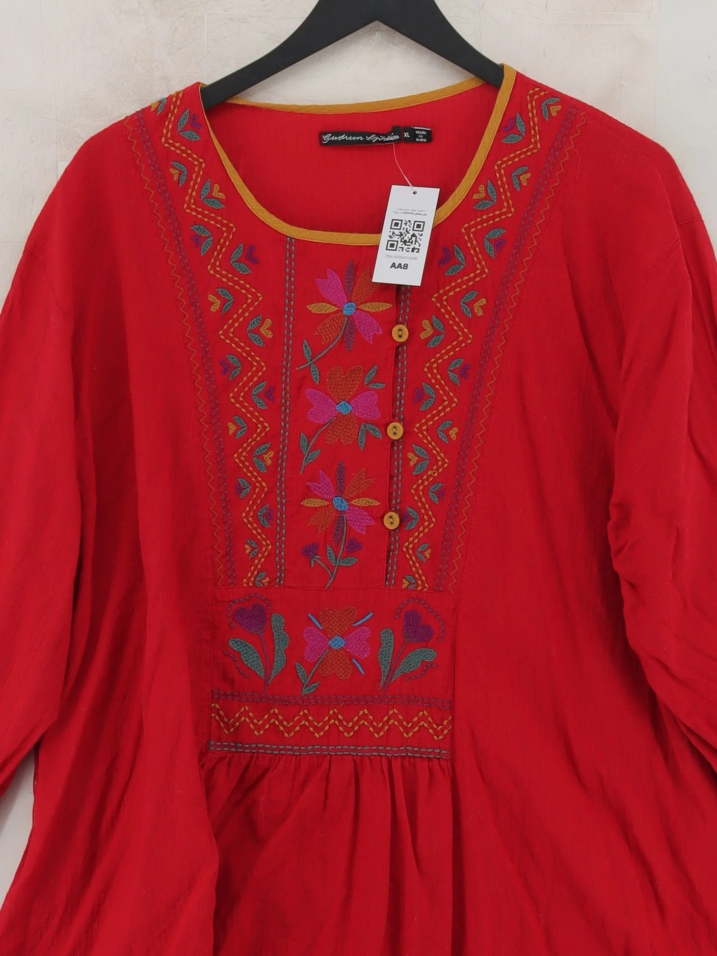 Gudrun Sjöden Women's Top XL Red Floral 100% Cotton Long Sleeve Round Neck Tunic - Image 3