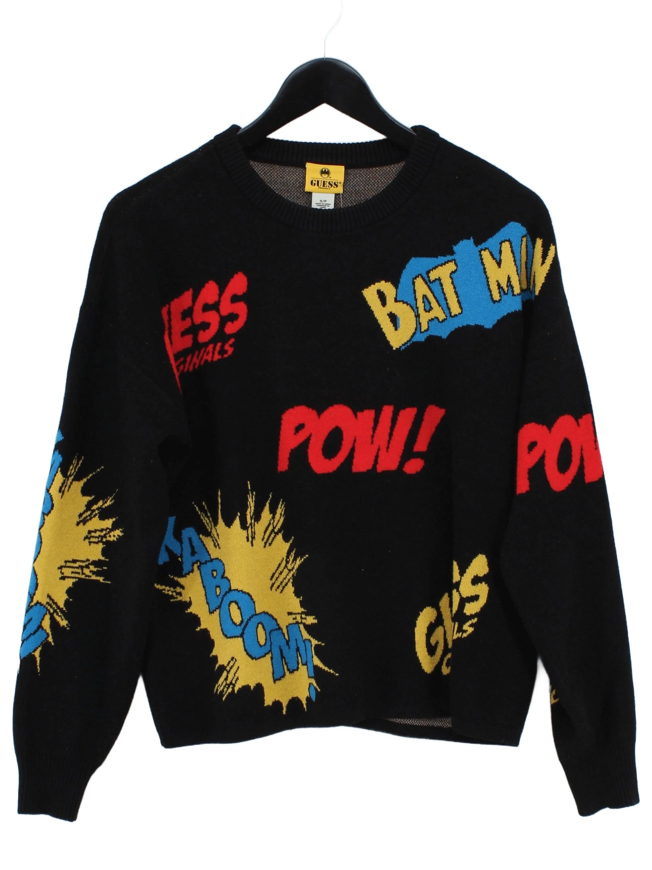Guess Men's Jumper S Black Graphic 100% Viscose Round Neck Pullover