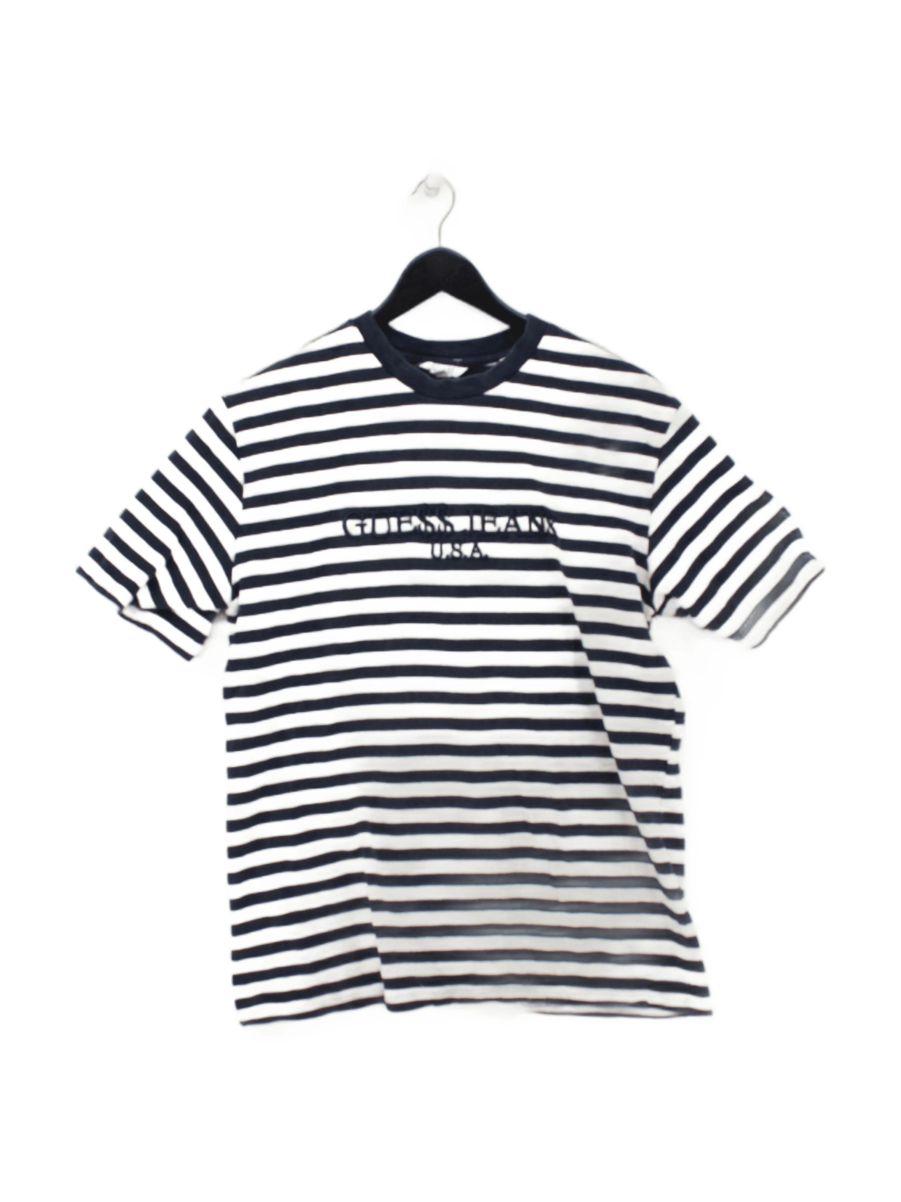 Guess Men's T-Shirt L Blue Striped 100% Cotton Basic