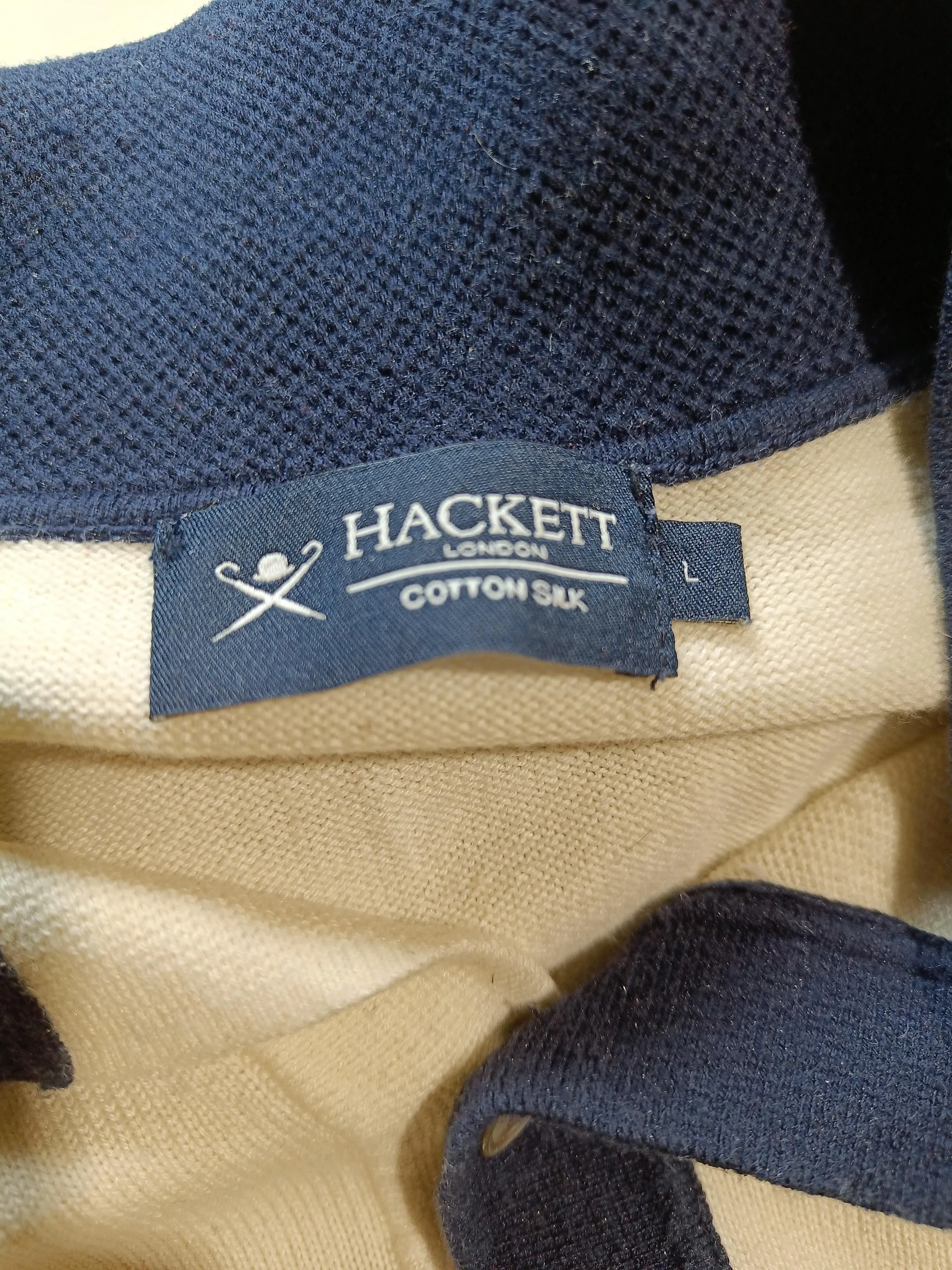 Hackett Men's Polo L Cream Striped Cotton with Silk Basic - Image 5