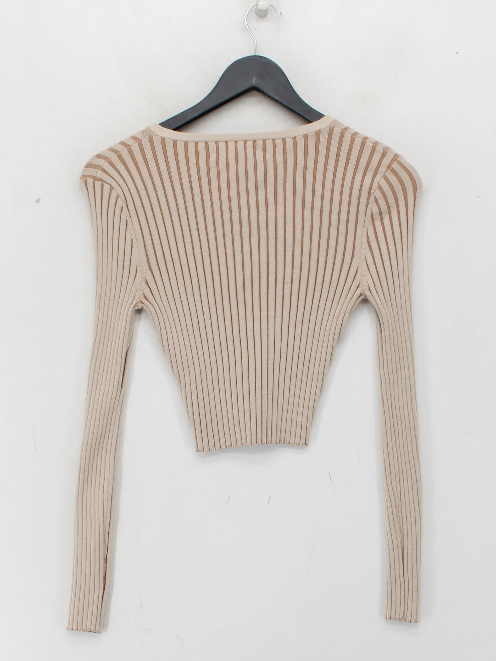 Hisso Women's Top M Cream Striped Viscose with Other Long Sleeve V-Neck Basic - Image 2