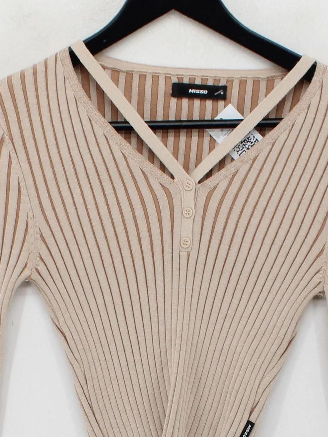 Hisso Women's Top M Cream Striped Viscose with Other Long Sleeve V-Neck Basic - Image 3