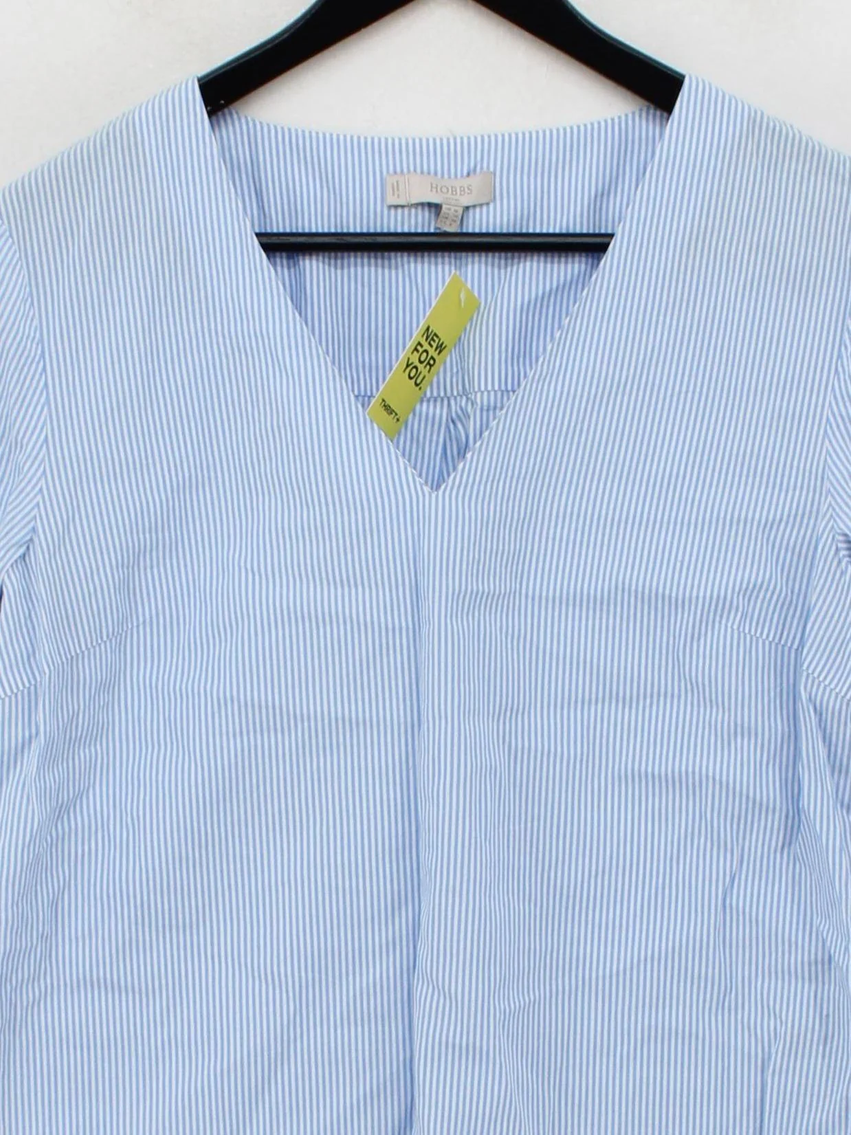 Hobbs Women's Top M Blue Striped 100% Cotton 3/4 Sleeve V-Neck Basic - Image 3