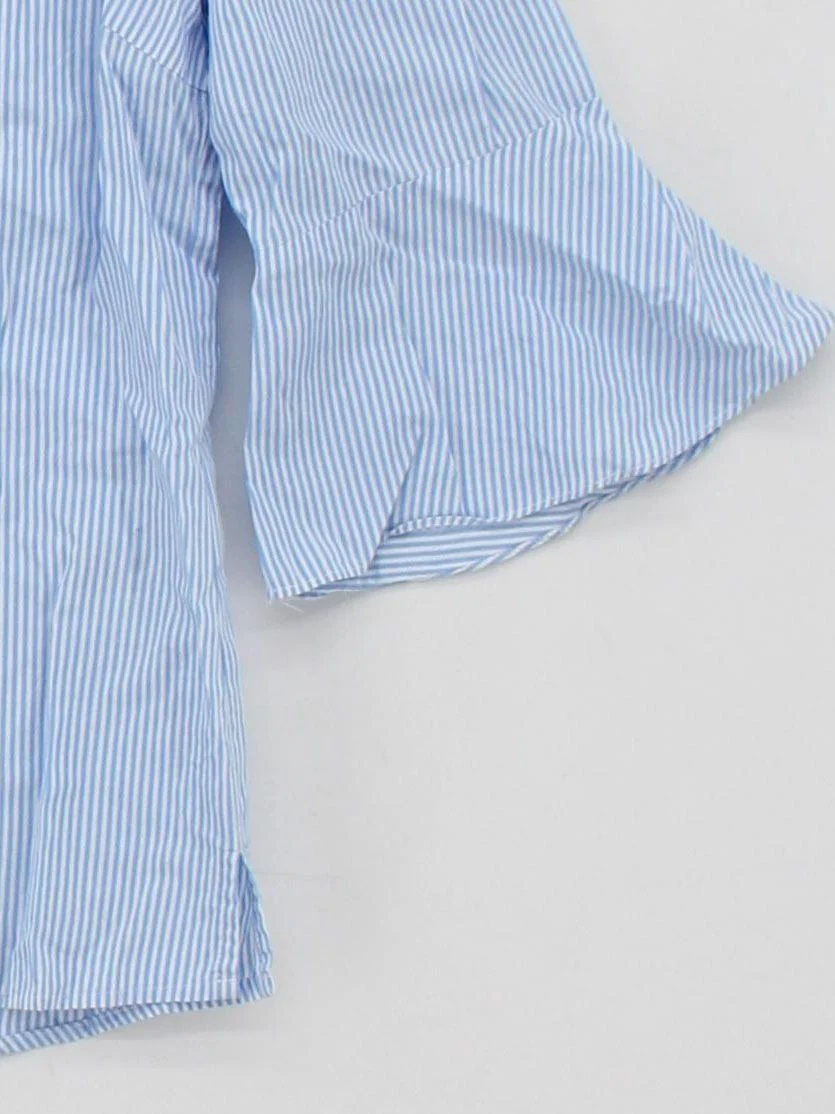Hobbs Women's Top M Blue Striped 100% Cotton 3/4 Sleeve V-Neck Basic - Image 4