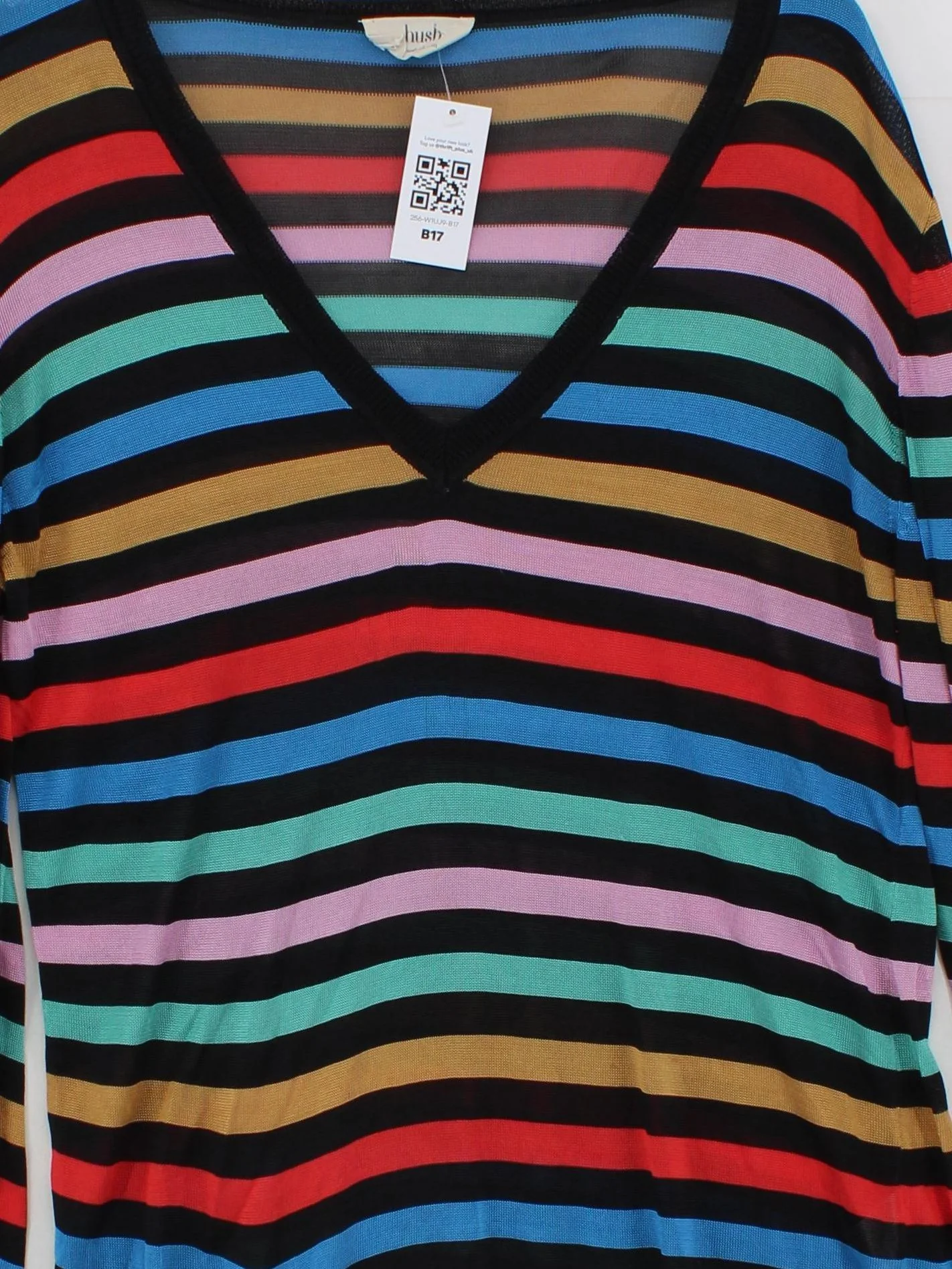 Hush Women's Jumper L Multi Striped 100% Viscose V-Neck Pullover - Image 3