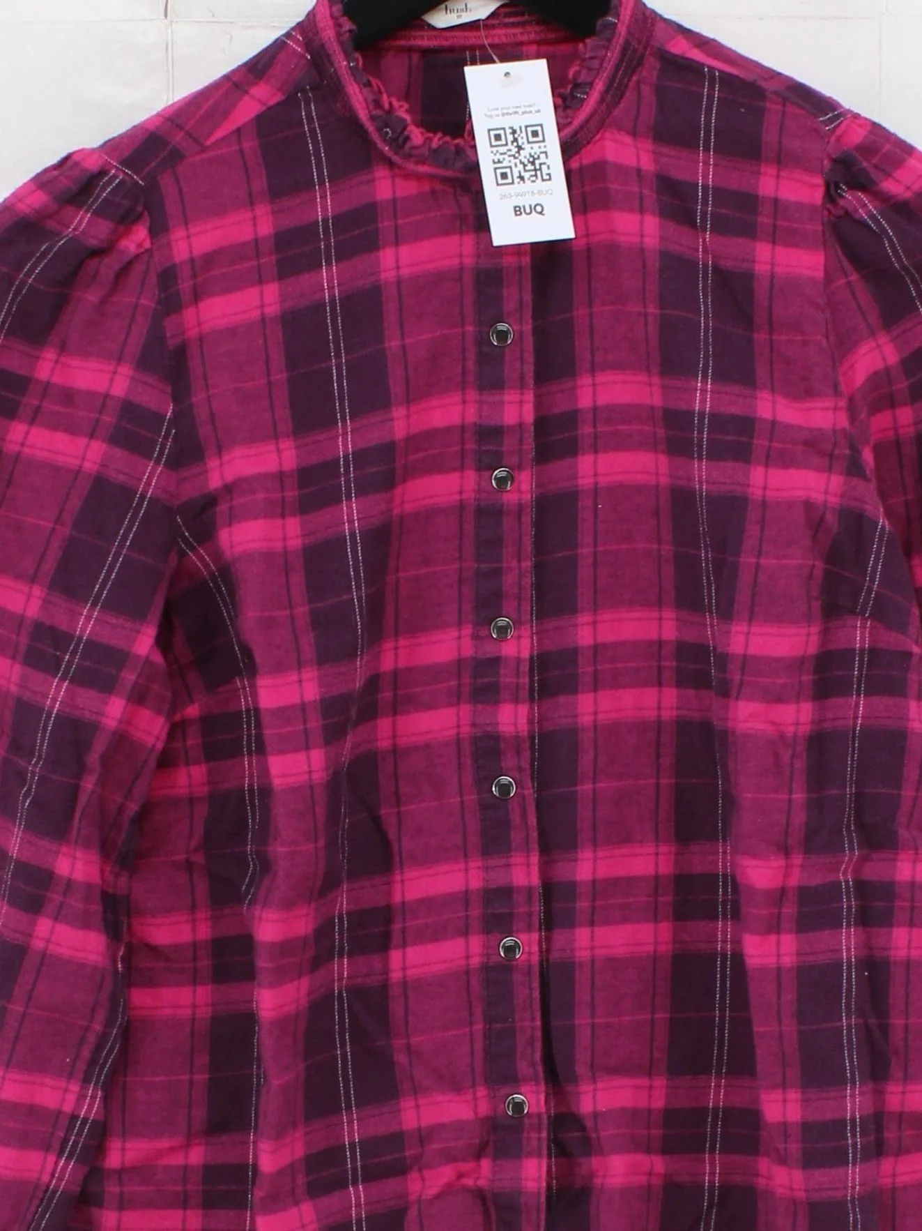 Hush Women's Shirt UK 10 Pink Checkered 100% Cotton Long Sleeve Collared Basic - Image 3