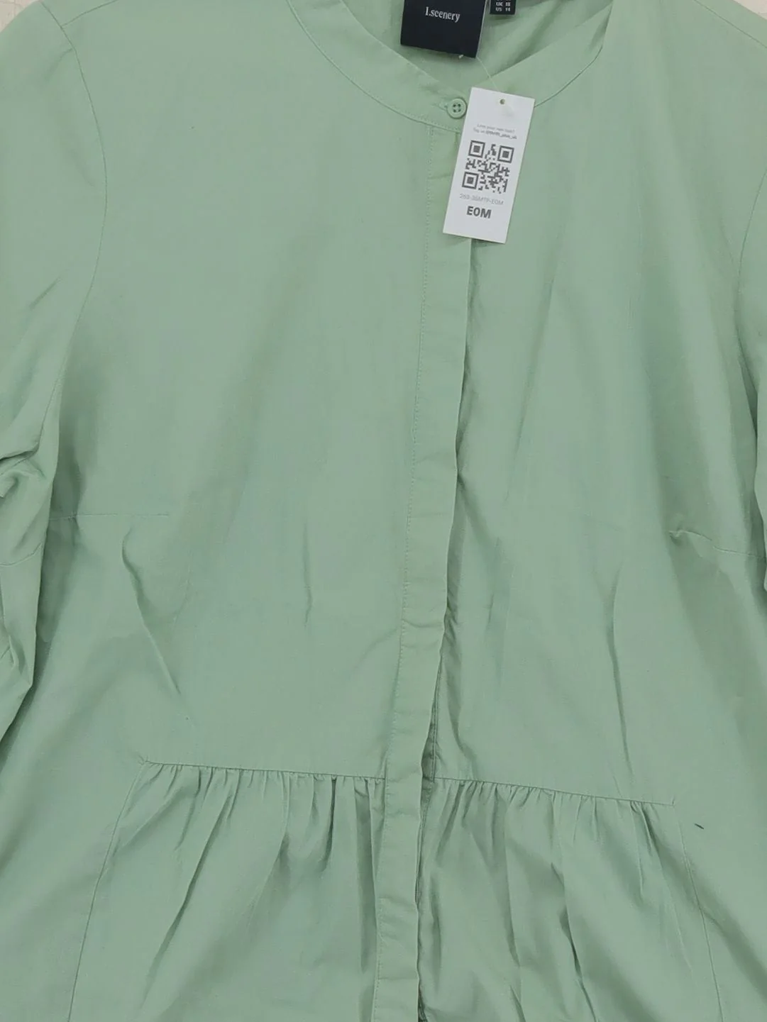 I.scenery Women's Blouse UK 18 Green 100% Cotton 3/4 Sleeve Collared Basic - Image 3