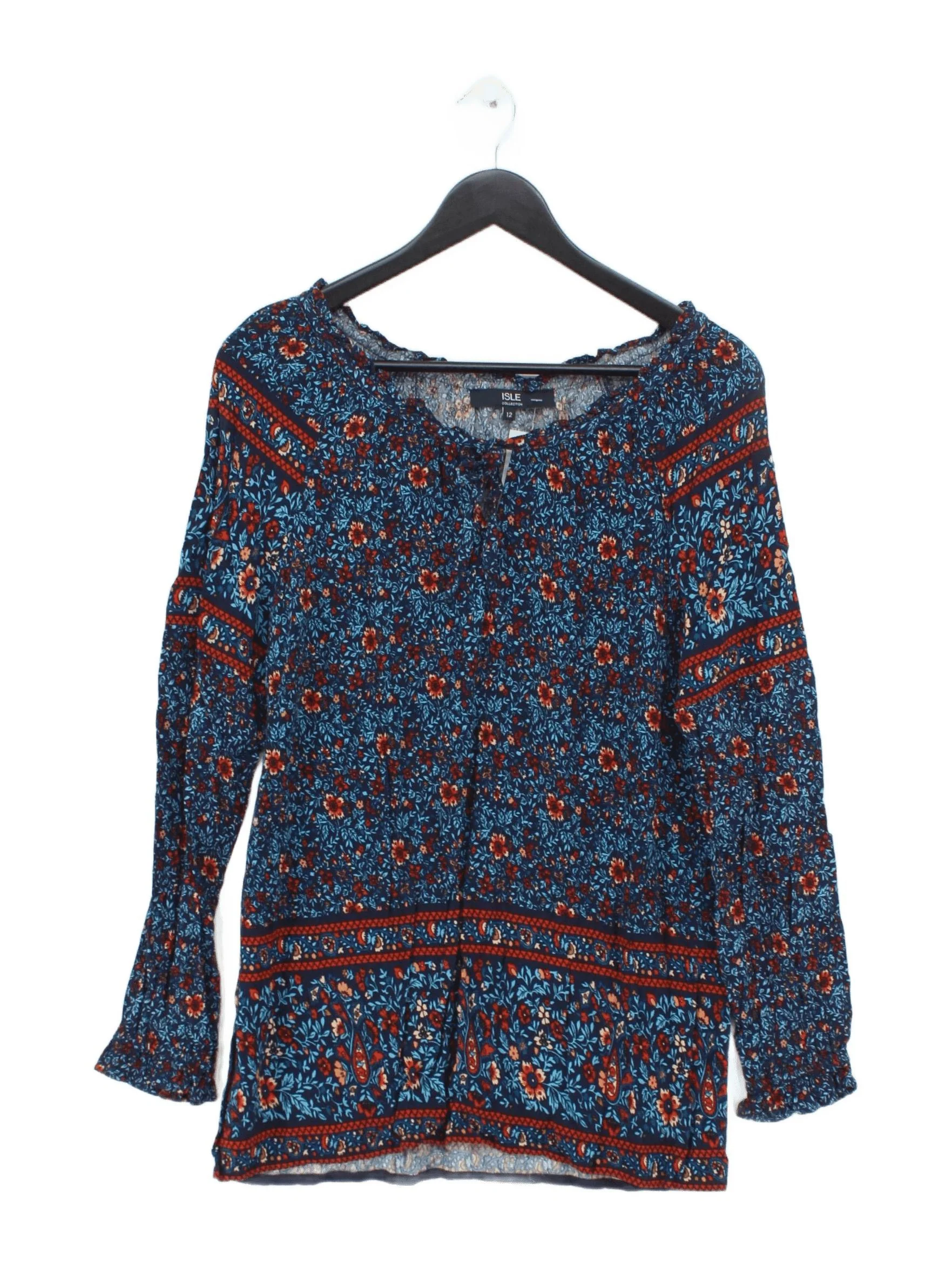 Isle Women's Top UK 12 Multi Floral 100% Viscose Long Sleeve V-Neck Basic