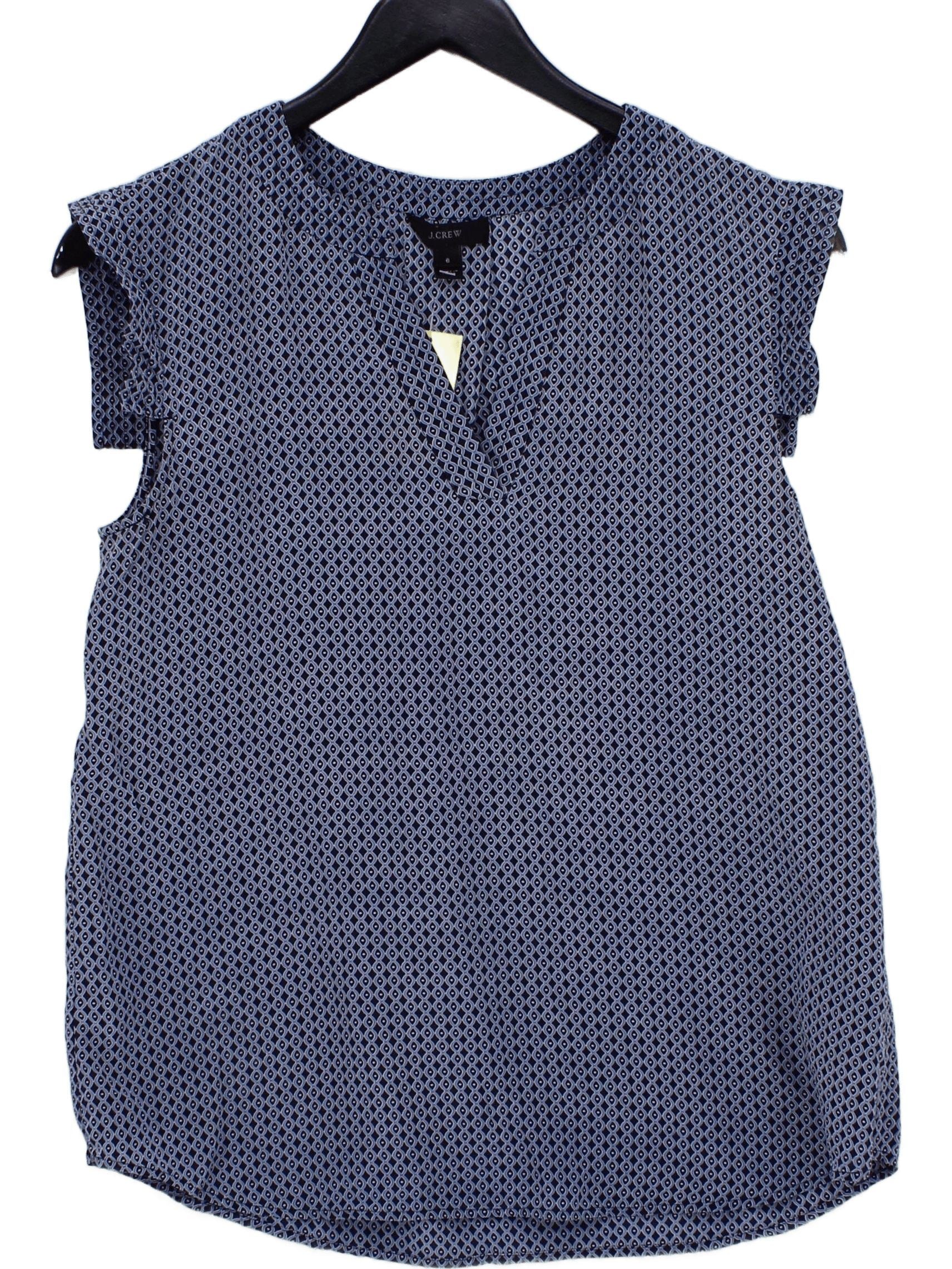 J. Crew Women's Top UK 10 Blue Geometric 100% Silk Short Sleeve V-Neck Basic