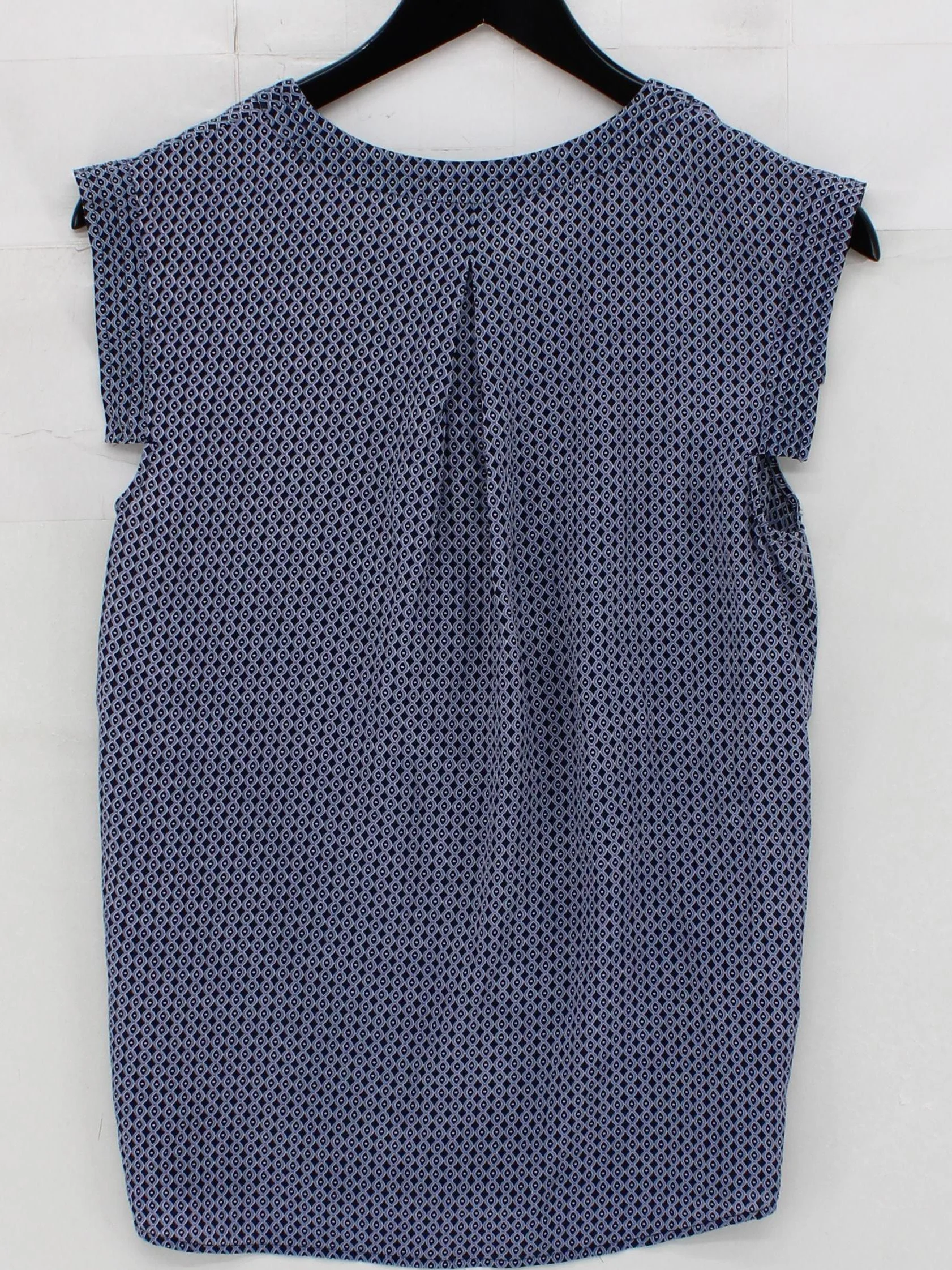 J. Crew Women's Top UK 10 Blue Geometric 100% Silk Short Sleeve V-Neck Basic - Image 2