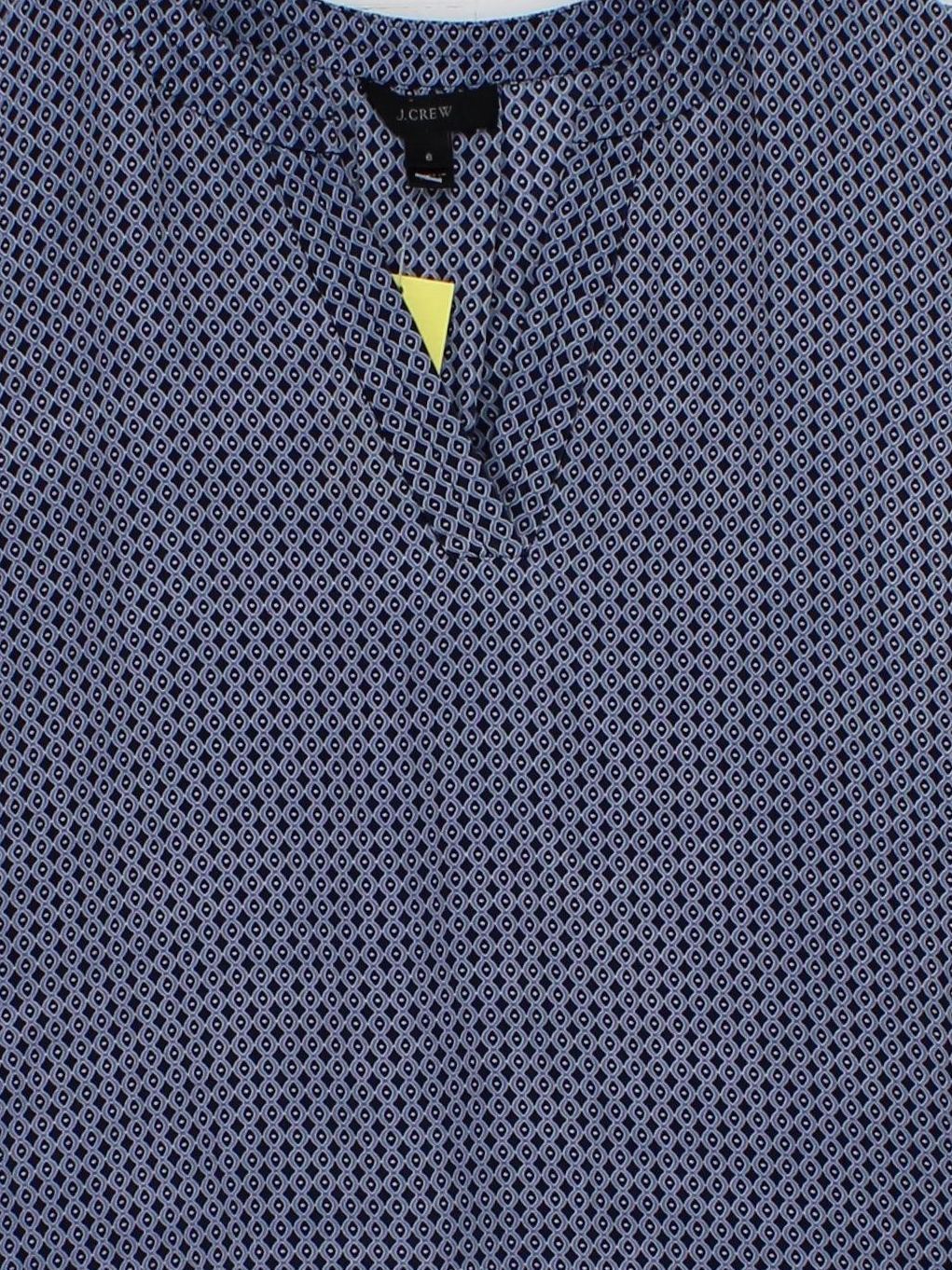 J. Crew Women's Top UK 10 Blue Geometric 100% Silk Short Sleeve V-Neck Basic - Image 3