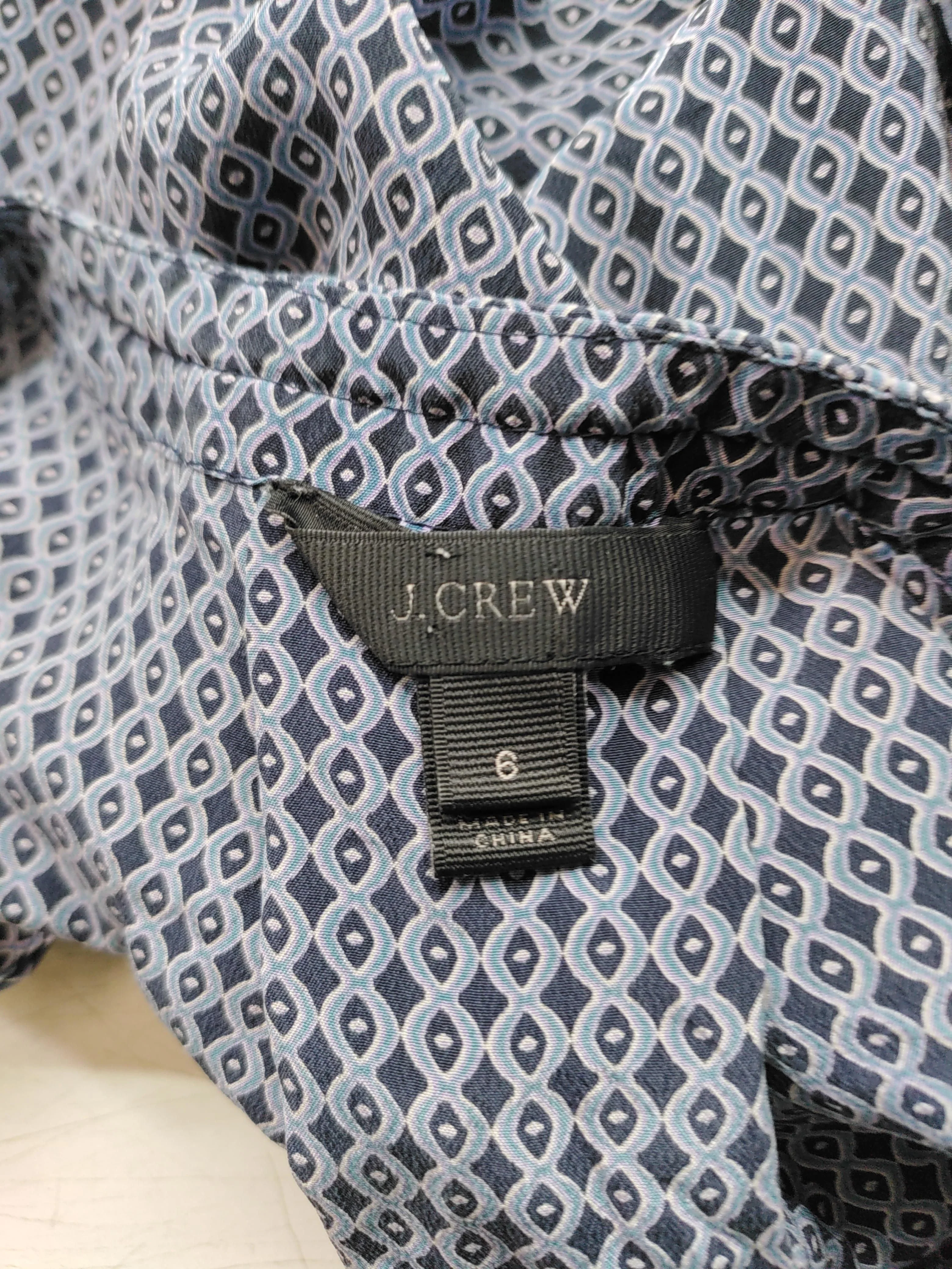 J. Crew Women's Top UK 10 Blue Geometric 100% Silk Short Sleeve V-Neck Basic - Image 5