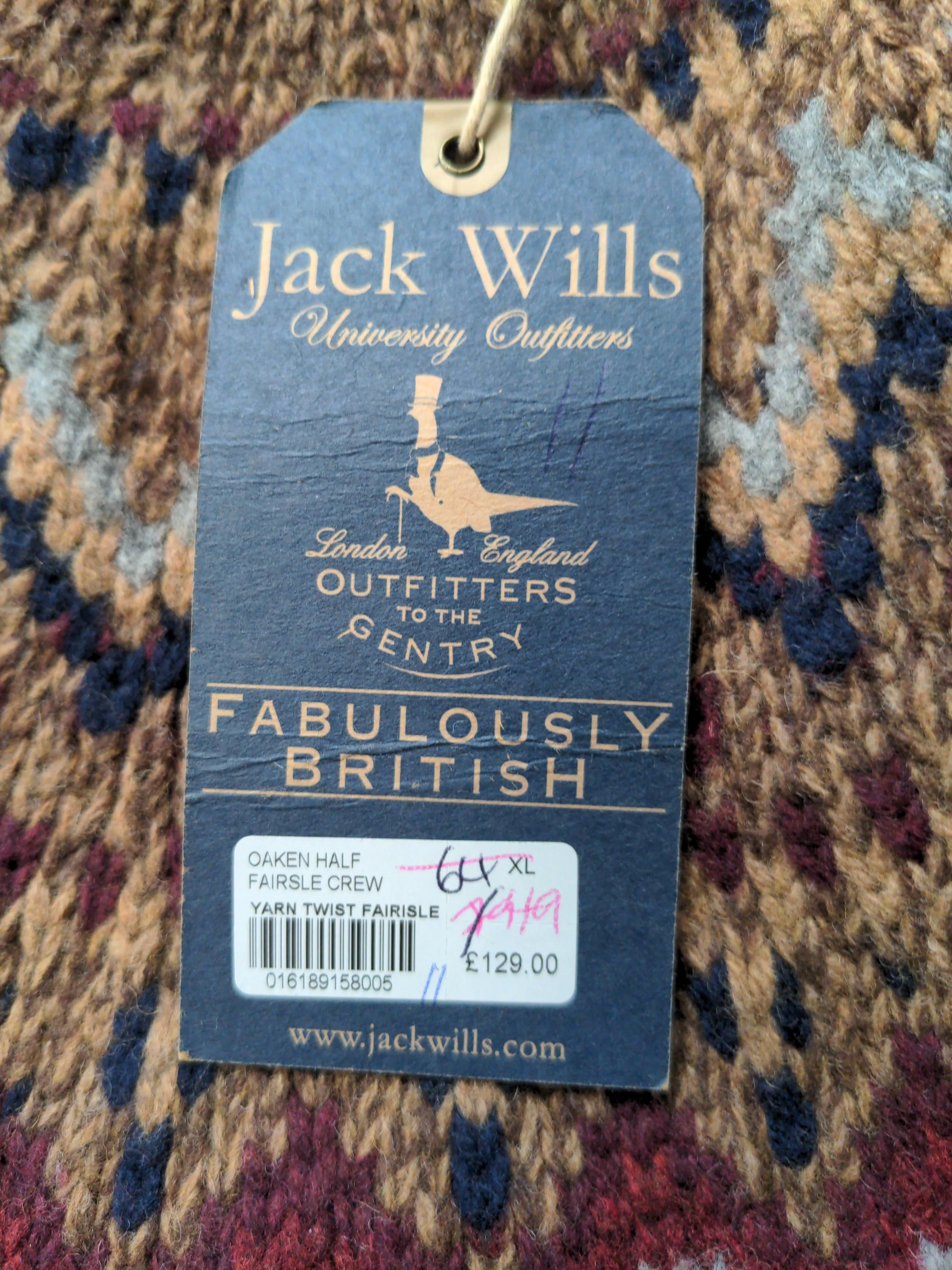 Jack Wills Men's Jumper XL Brown Geometric 100% Wool Crew Neck Pullover - Image 5