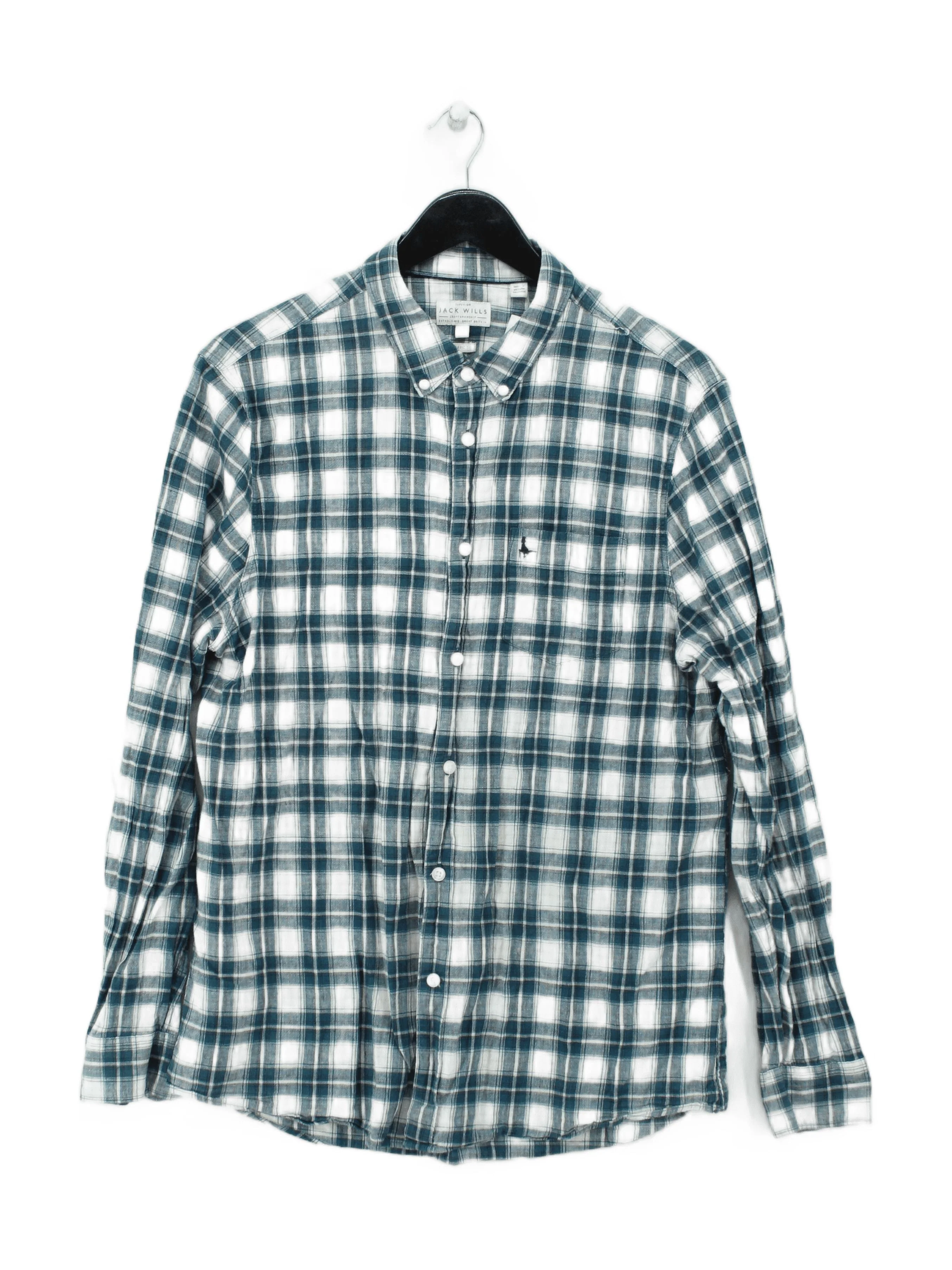 Jack Wills Men's Shirt L Blue Checkered Linen with Cotton Basic