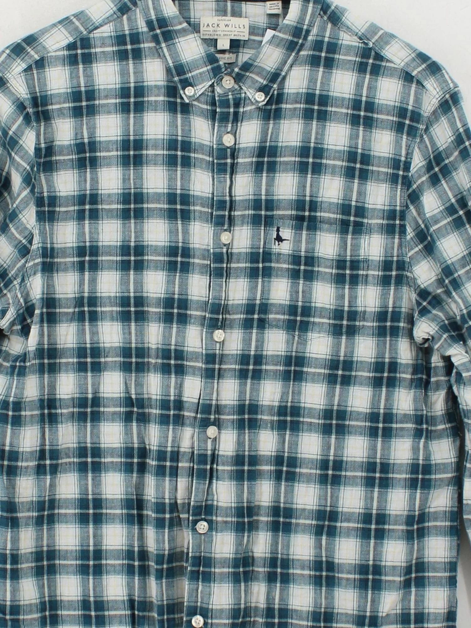 Jack Wills Men's Shirt L Blue Checkered Linen with Cotton Basic - Image 3