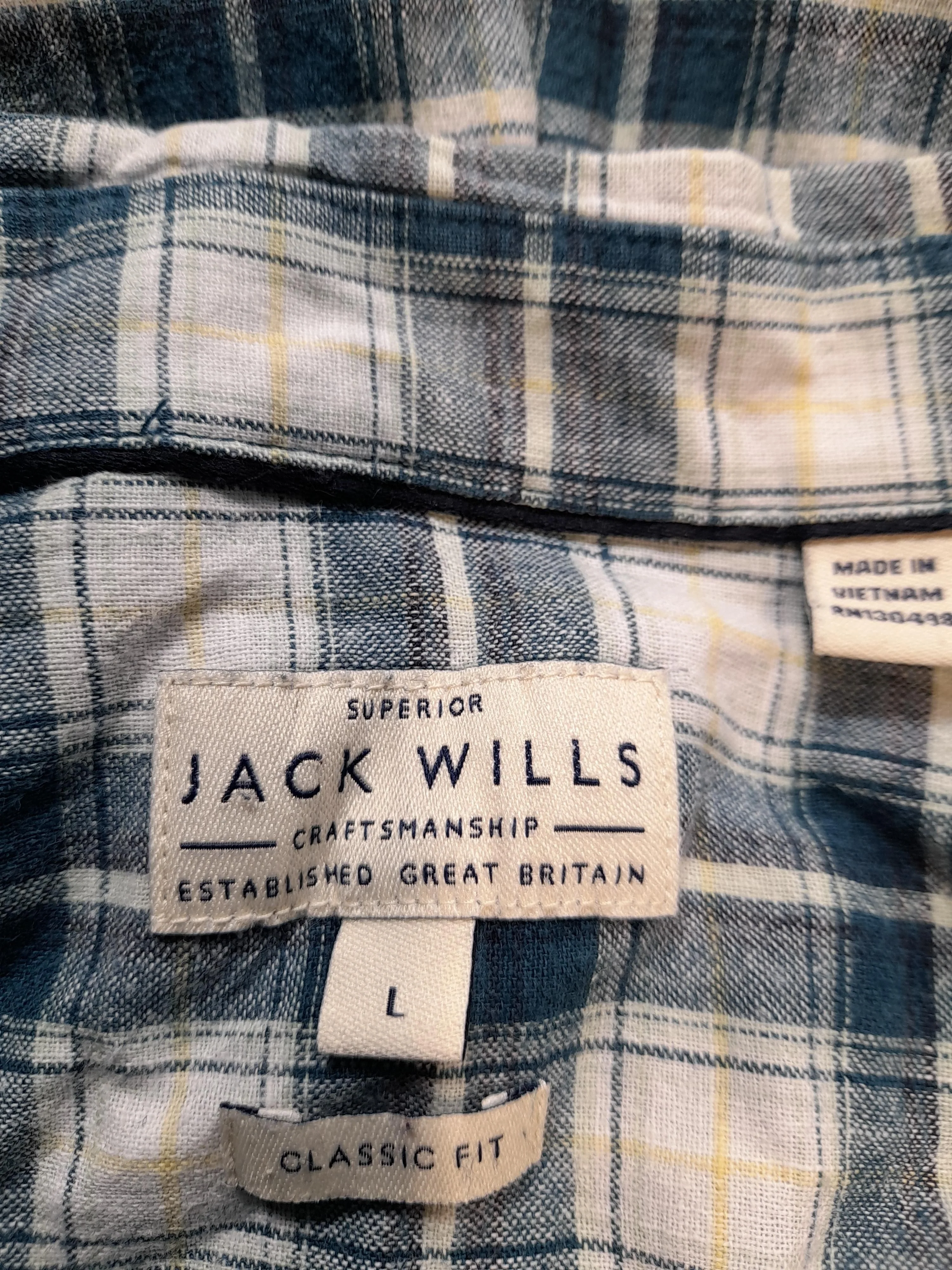 Jack Wills Men's Shirt L Blue Checkered Linen with Cotton Basic - Image 5