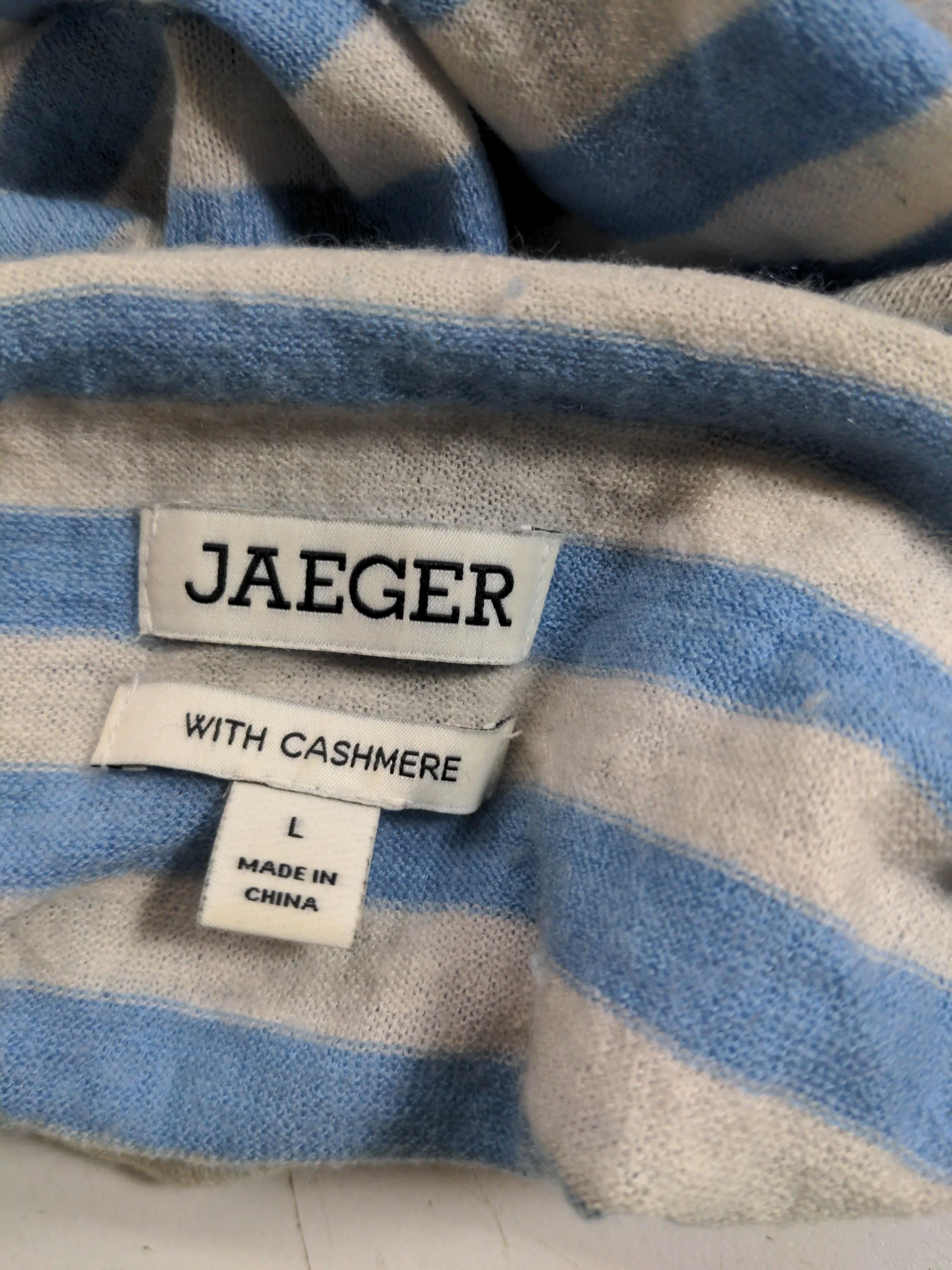 Jaeger Women's Jumper L Blue Striped Wool with Cashmere High Neck Pullover - Image 6
