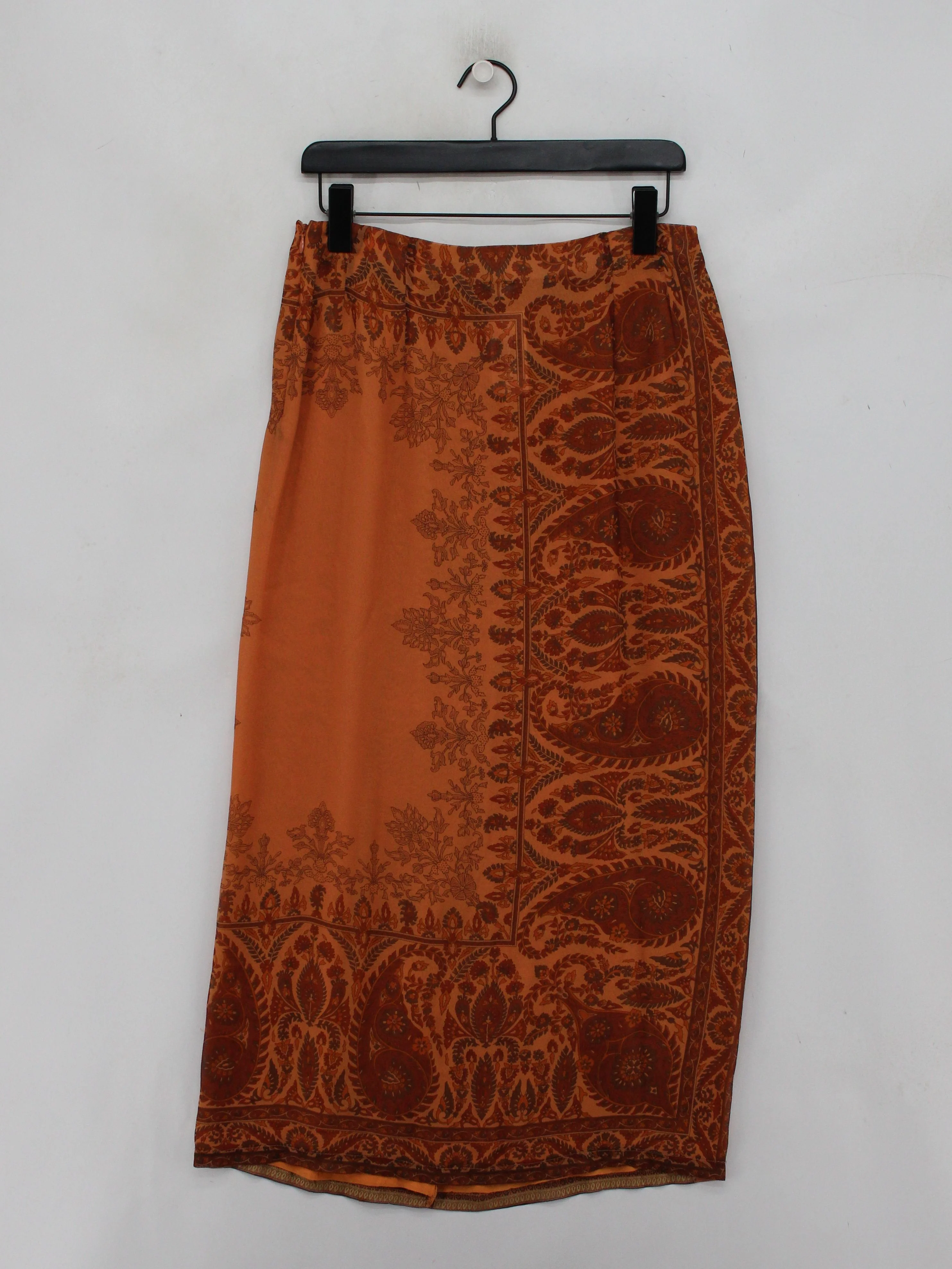 Jaeger Women's Midi Skirt UK 14 Orange Paisley 100% Silk Midi Straight & Pencil - Image 2