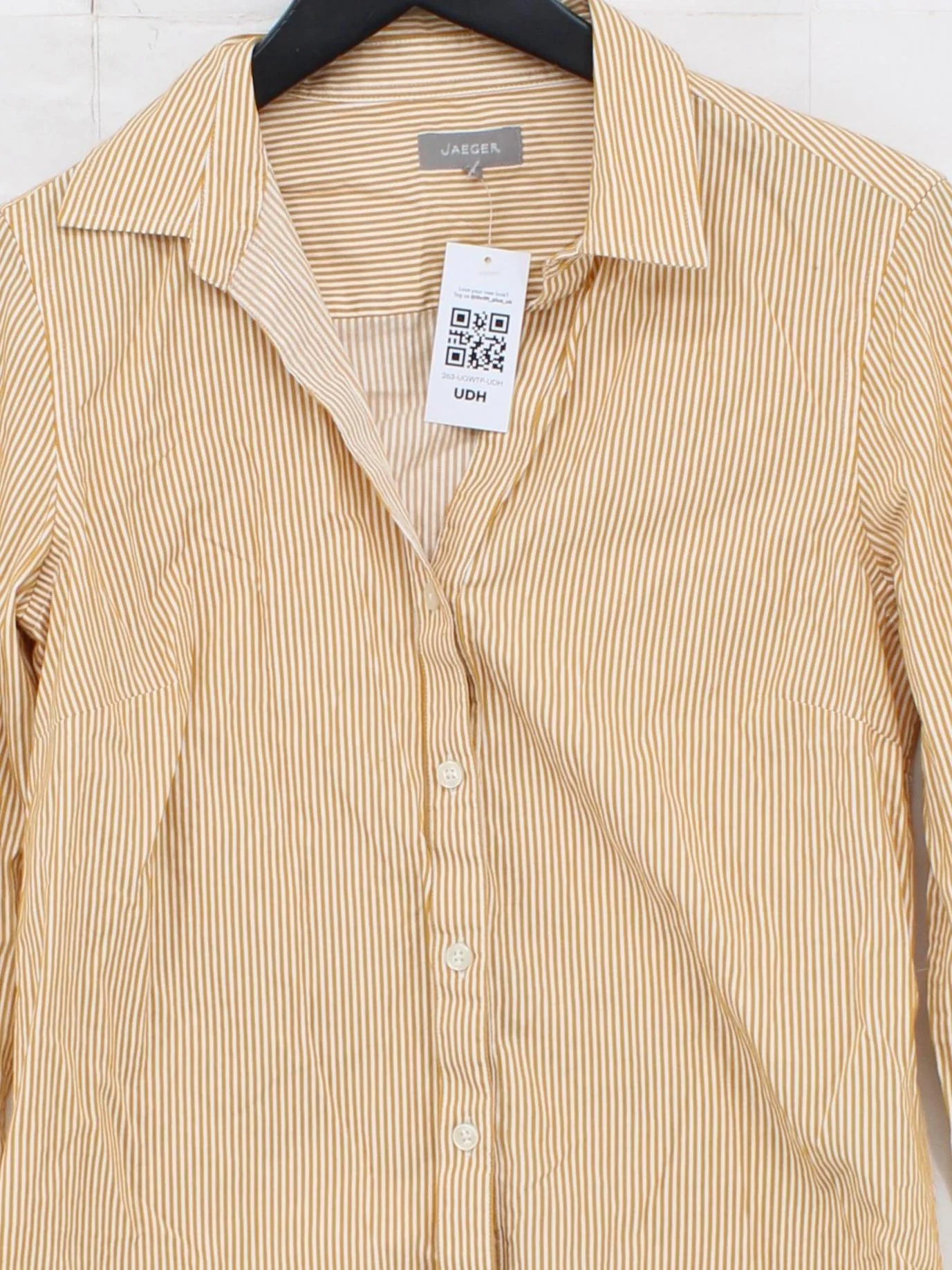 Jaeger Women's Shirt UK 10 Yellow Striped 100% Cotton 3/4 Sleeve Collared Basic - Image 3