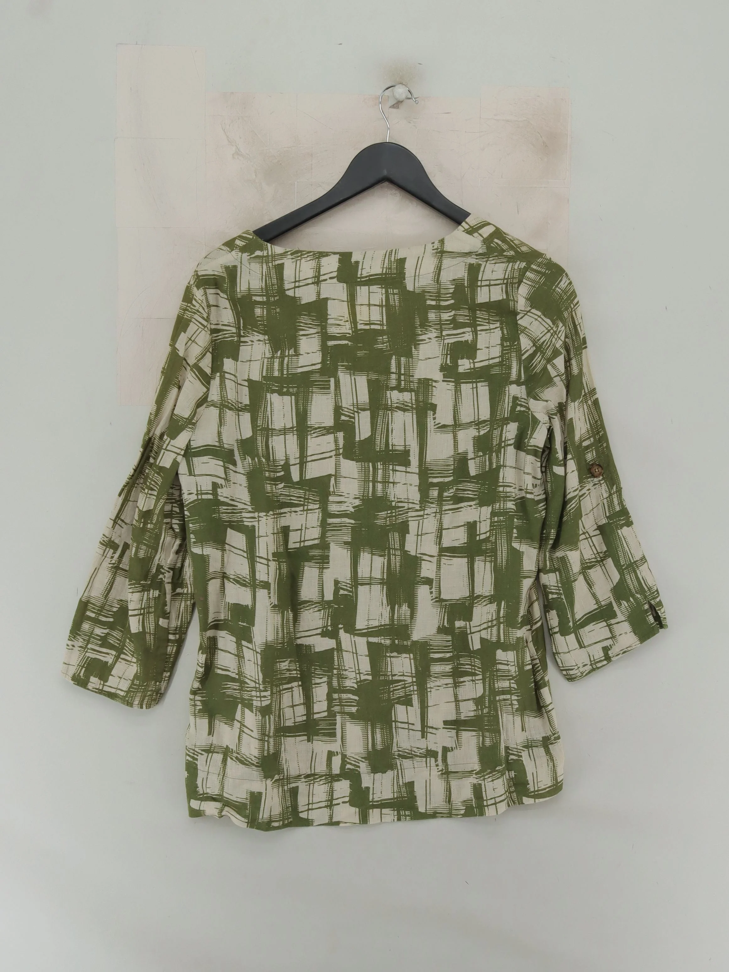 Jaeger Women's Top M Multi Geometric 100% Linen 3/4 Sleeve V-Neck Basic - Image 2