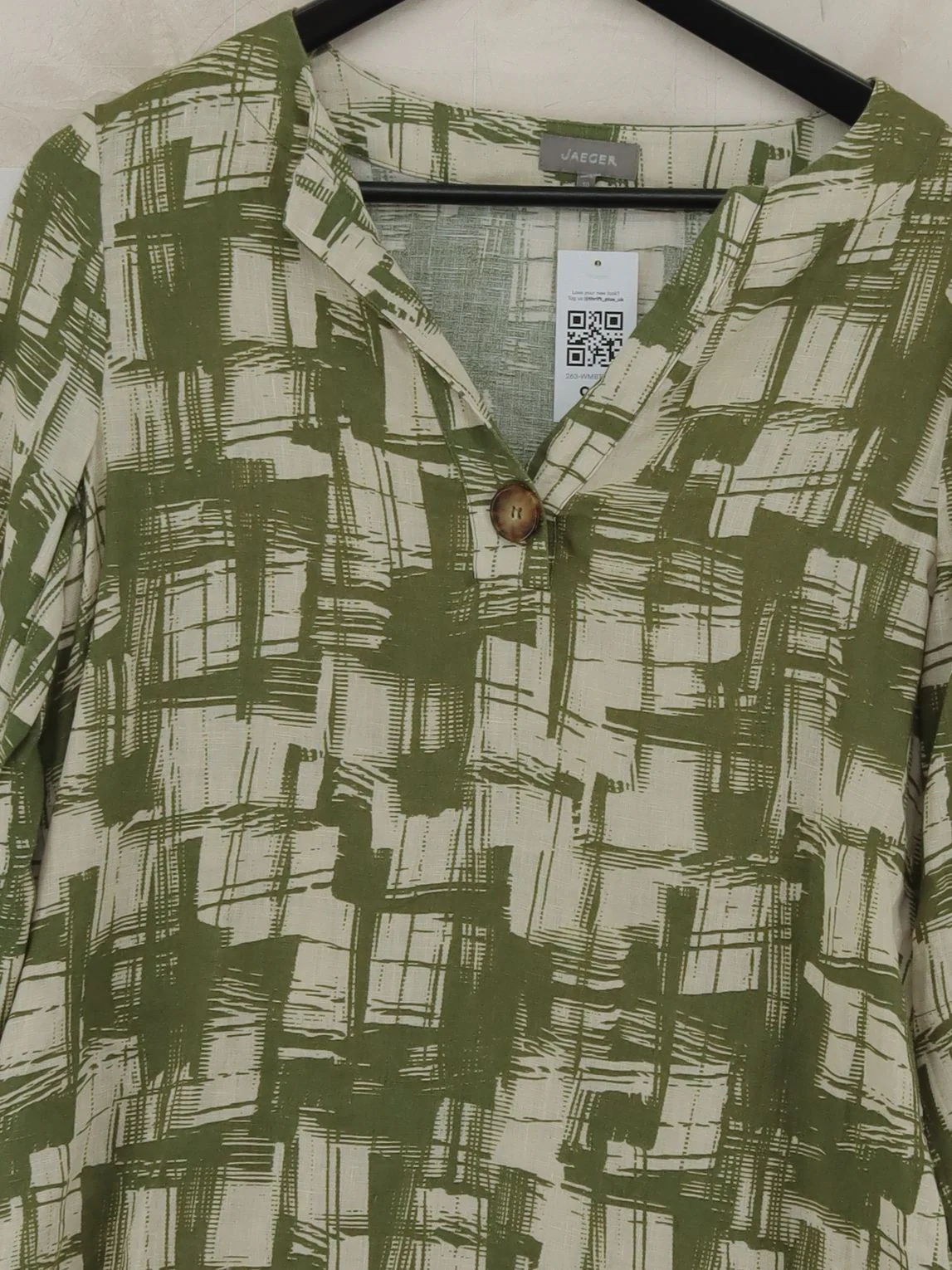 Jaeger Women's Top M Multi Geometric 100% Linen 3/4 Sleeve V-Neck Basic - Image 3