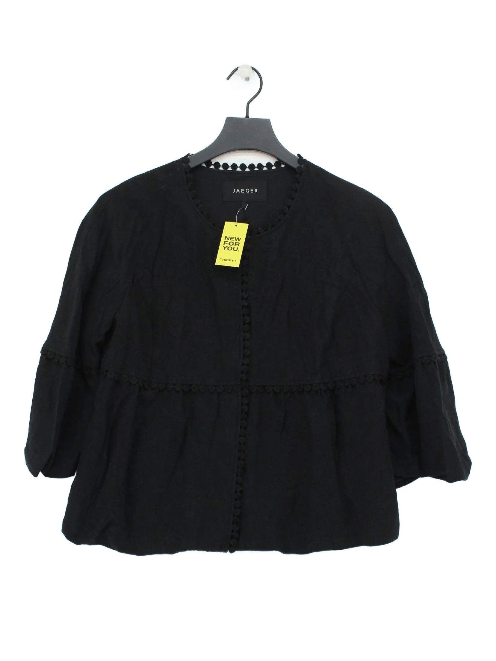 Jaeger Women's Top UK 14 Black Silk with Linen 3/4 Sleeve Round Neck Basic