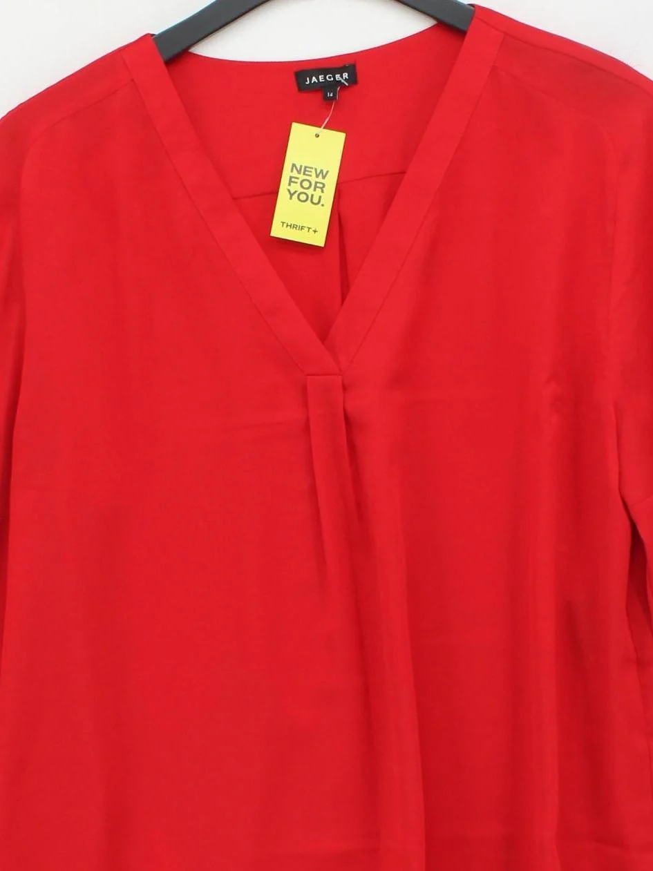 Jaeger Women's Top UK 14 Red 100% Polyester Long Sleeve V-Neck Basic - Image 3