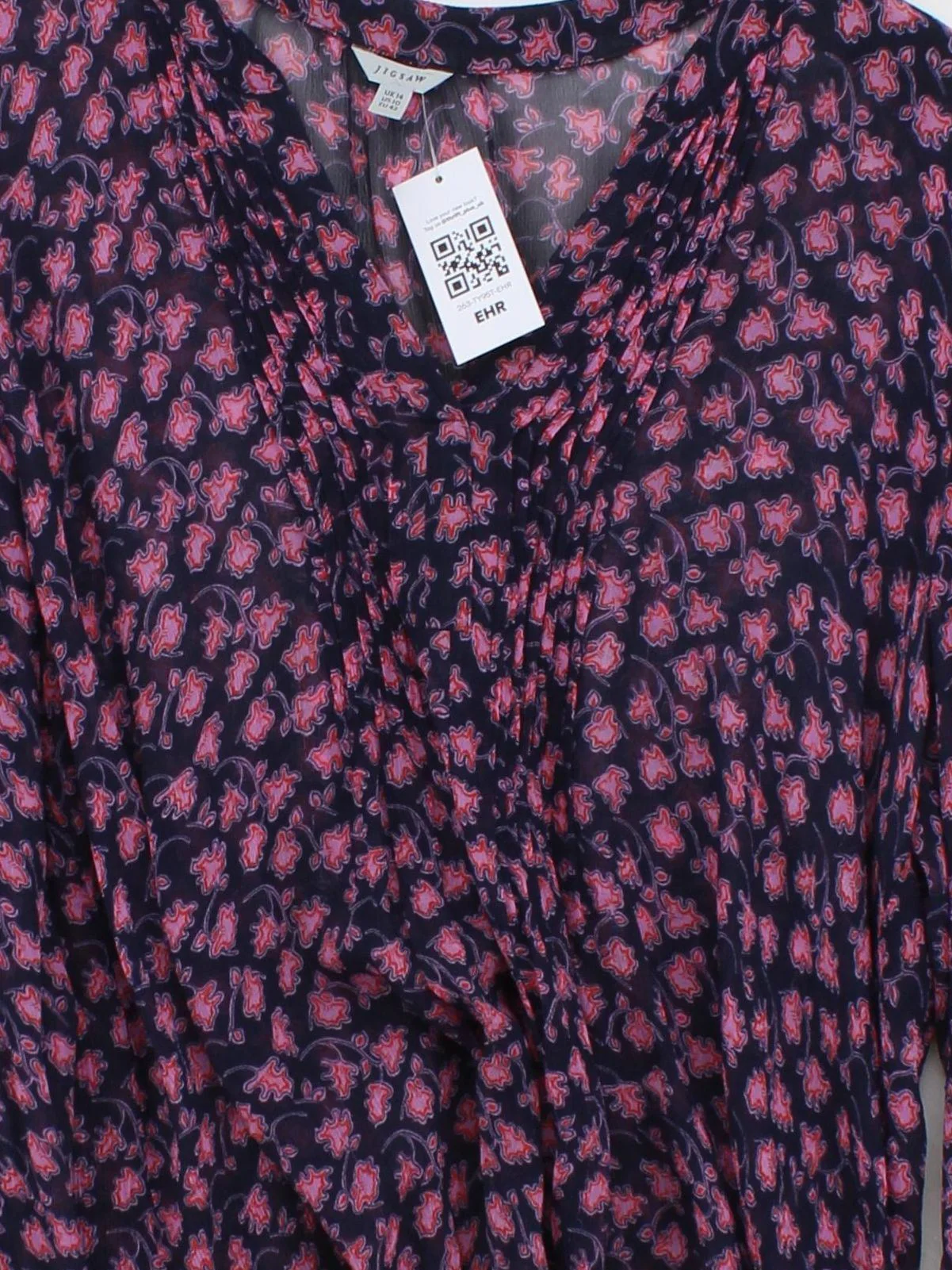 Jigsaw Women's Blouse L Blue Floral 100% Viscose Long Sleeve V-Neck Basic - Image 3