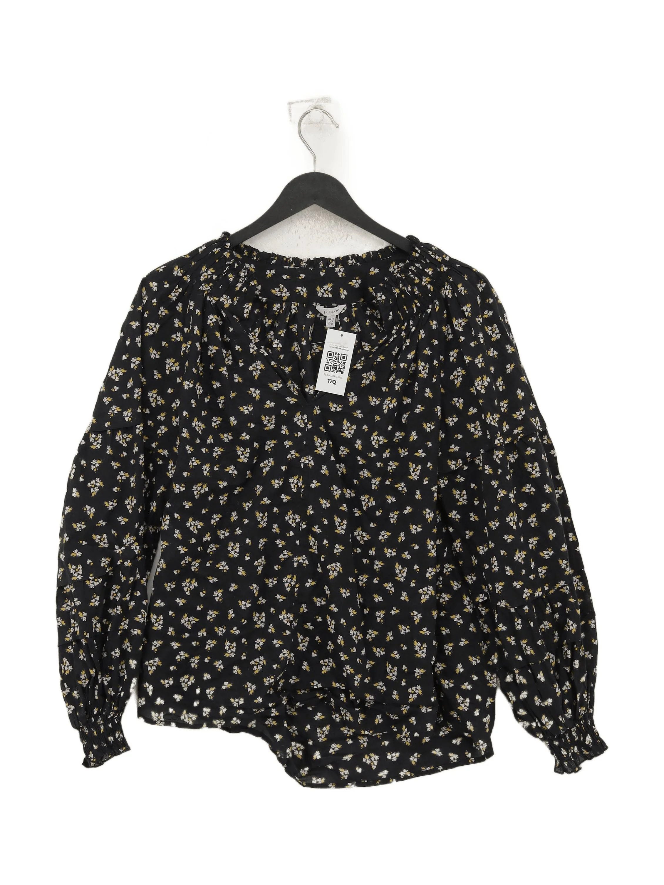 Jigsaw Women's Blouse M Black Floral 100% Cotton Long Sleeve V-Neck Basic