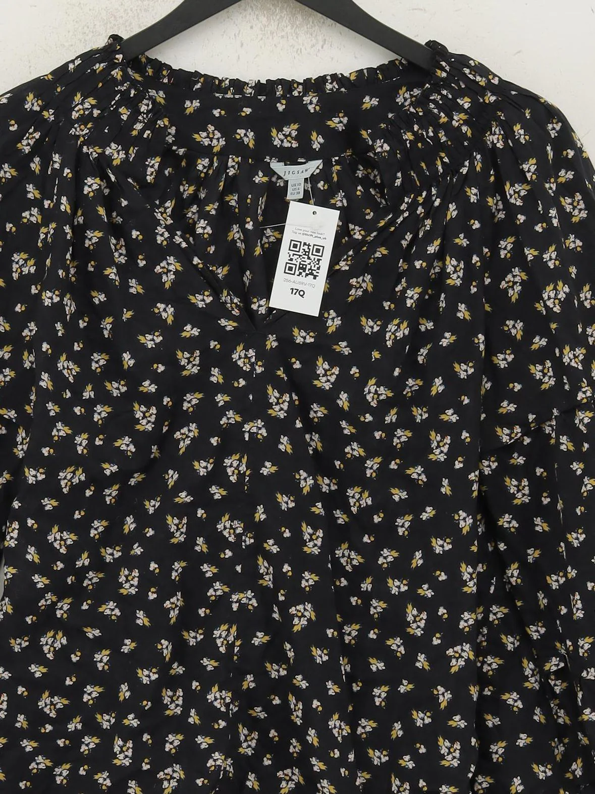Jigsaw Women's Blouse M Black Floral 100% Cotton Long Sleeve V-Neck Basic - Image 3