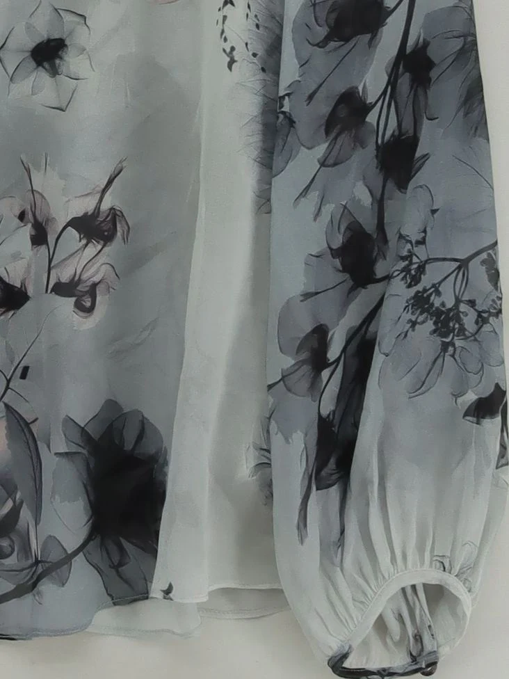 Jigsaw Women's Blouse UK 12 Grey Floral 100% Silk Long Sleeve V-Neck Basic - Image 4
