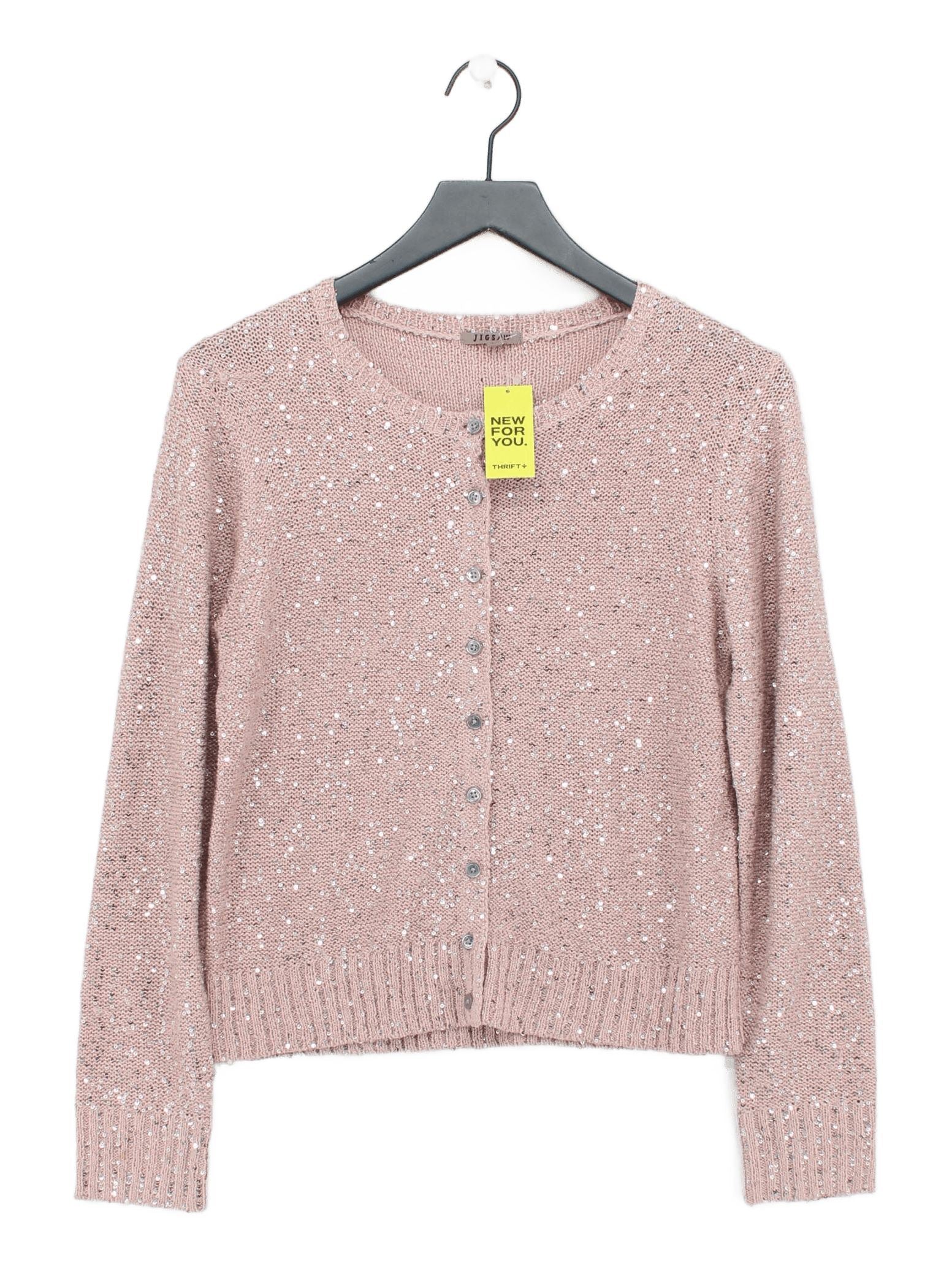 Jigsaw Women's Cardigan L Pink Polyester with Cotton Round Neck Cardigan