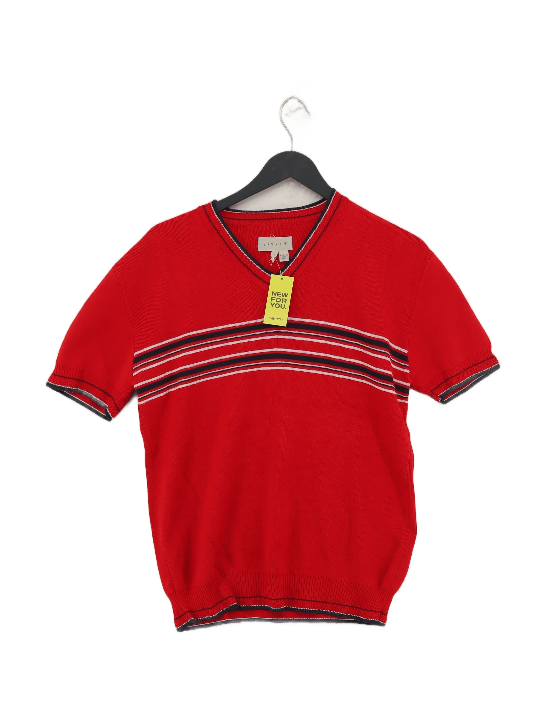 Jigsaw Women's Jumper L Red Striped 100% Cotton V-Neck Pullover