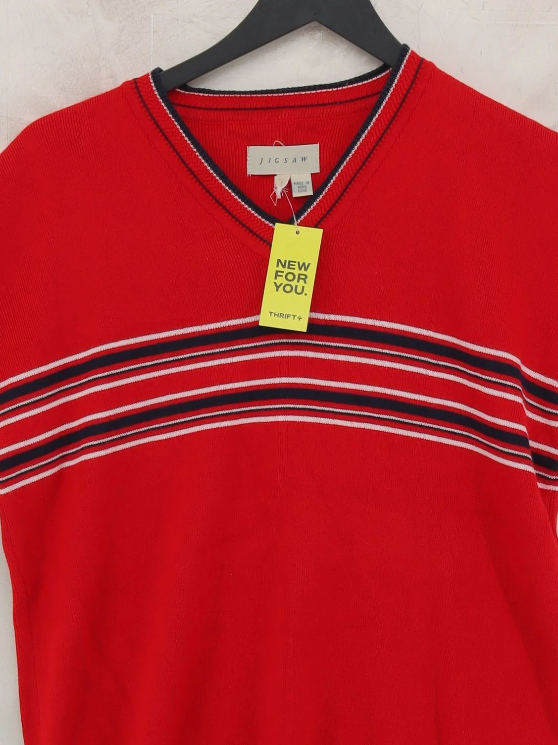 Jigsaw Women's Jumper L Red Striped 100% Cotton V-Neck Pullover - Image 3