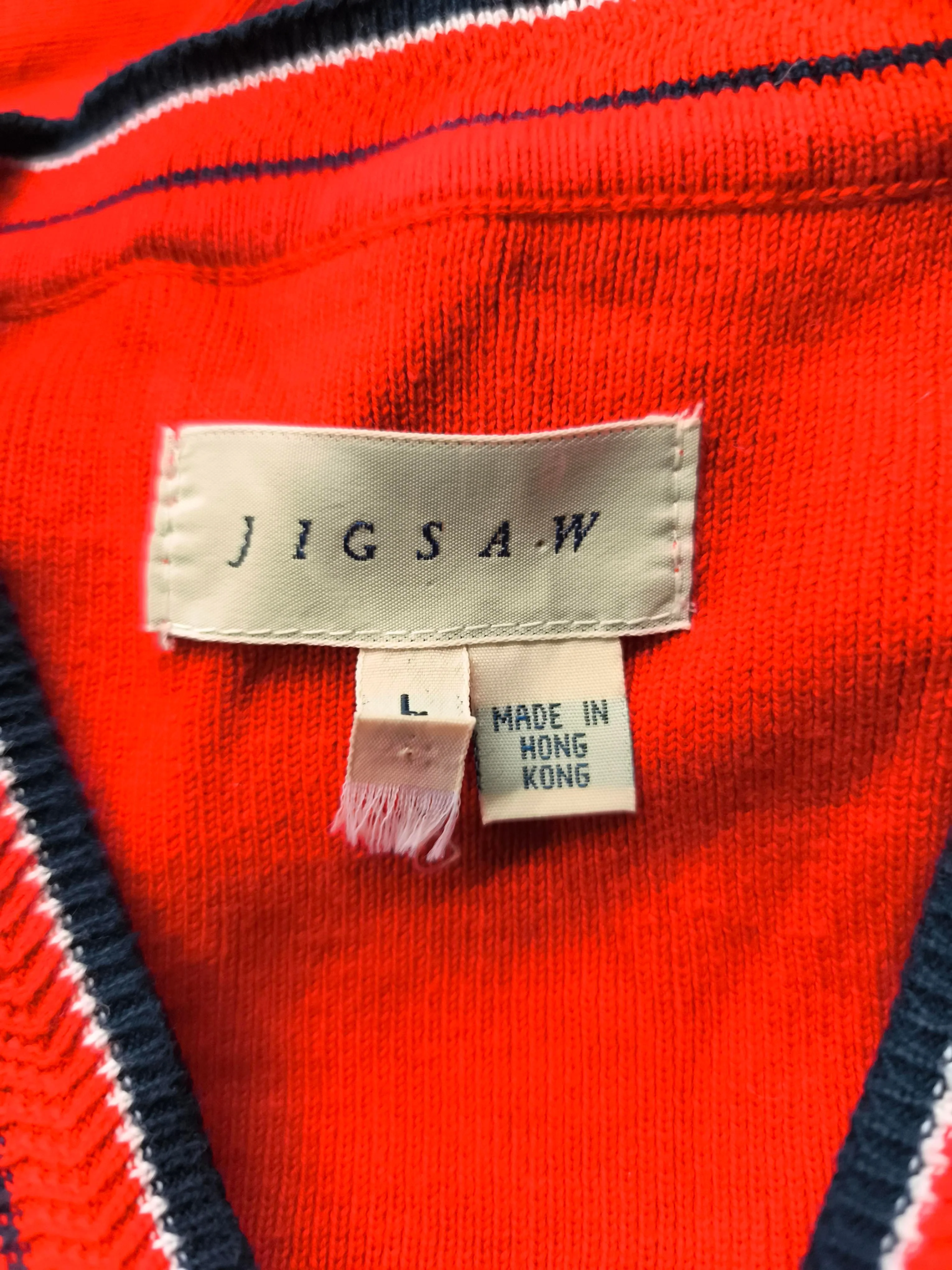 Jigsaw Women's Jumper L Red Striped 100% Cotton V-Neck Pullover - Image 5