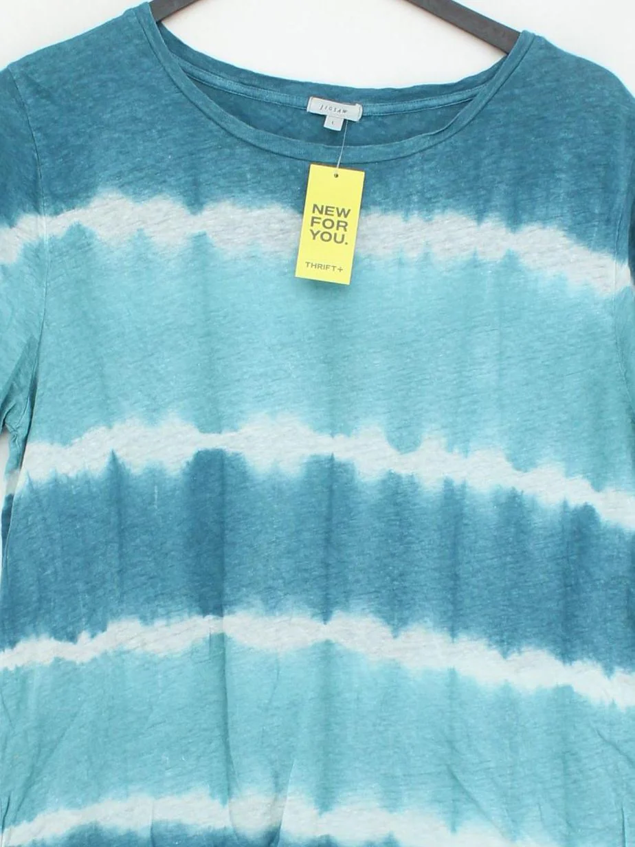 Jigsaw Women's T-Shirt L Blue Striped 100% Linen Short Sleeve Round Neck Basic - Image 3