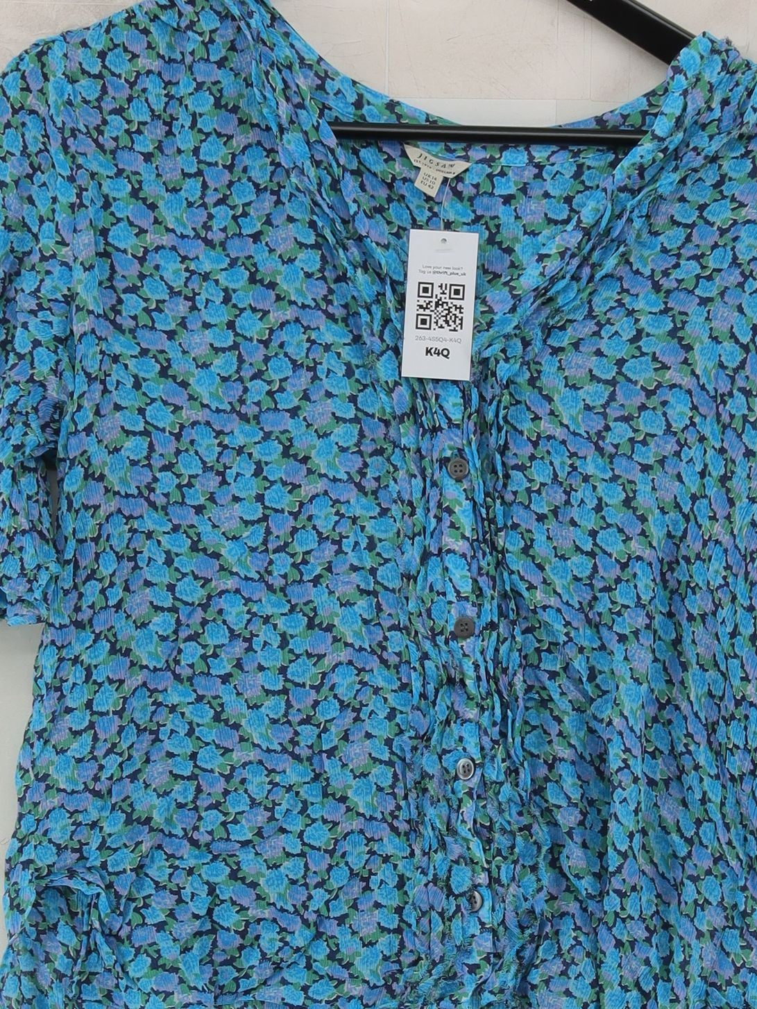 Jigsaw Women's Top L Blue Floral 100% Viscose Short Sleeve V-Neck Basic - Image 3