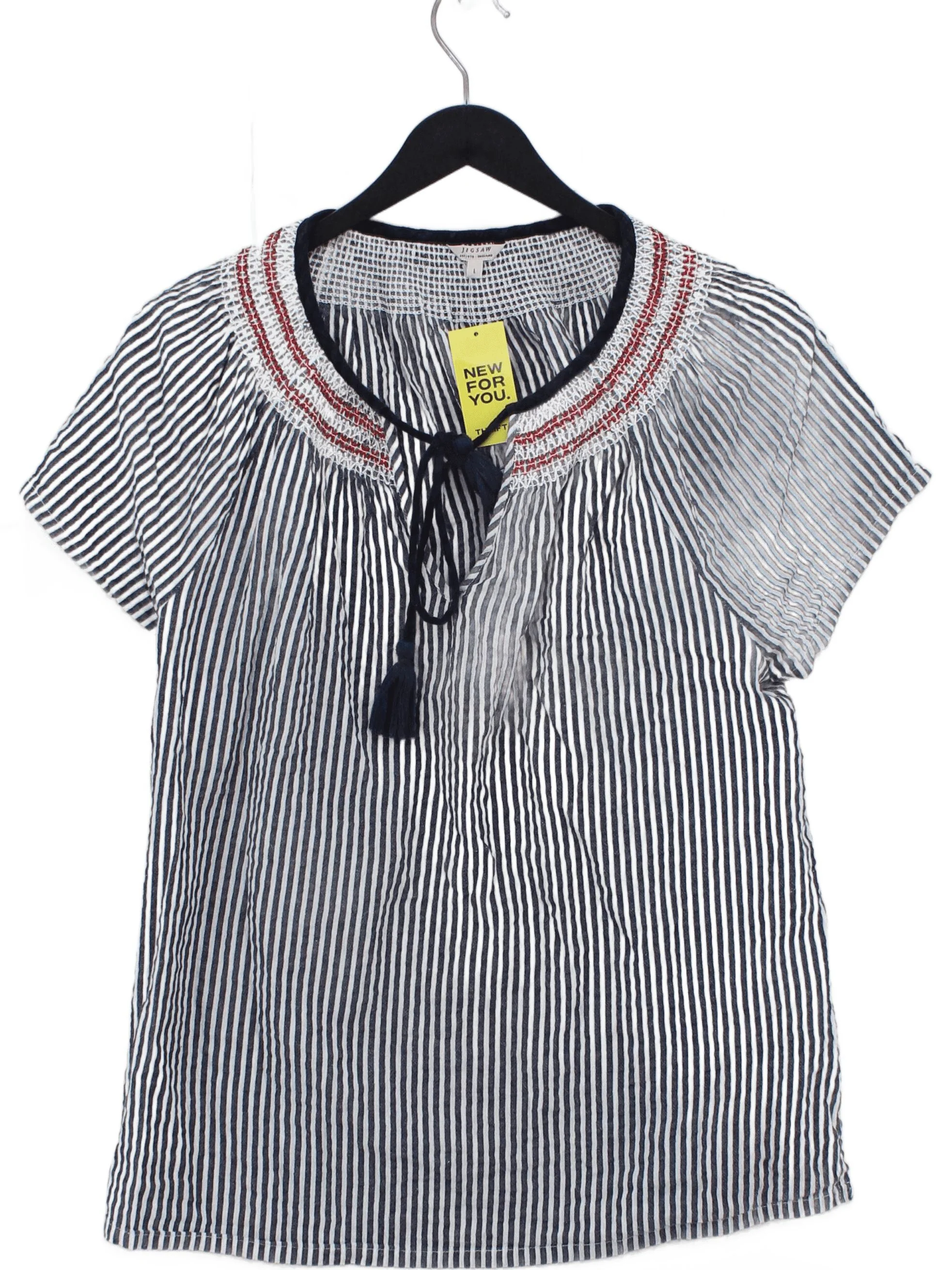 Jigsaw Women's Top L Blue Striped Cotton with Nylon Short Sleeve V-Neck Basic