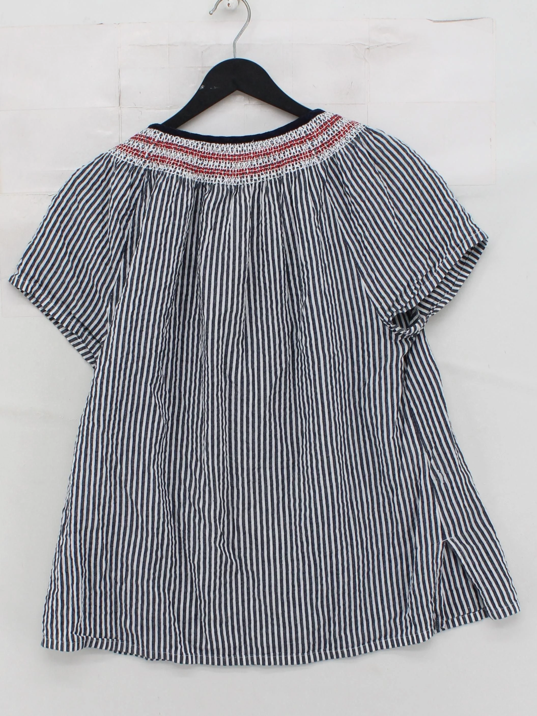 Jigsaw Women's Top L Blue Striped Cotton with Nylon Short Sleeve V-Neck Basic - Image 2