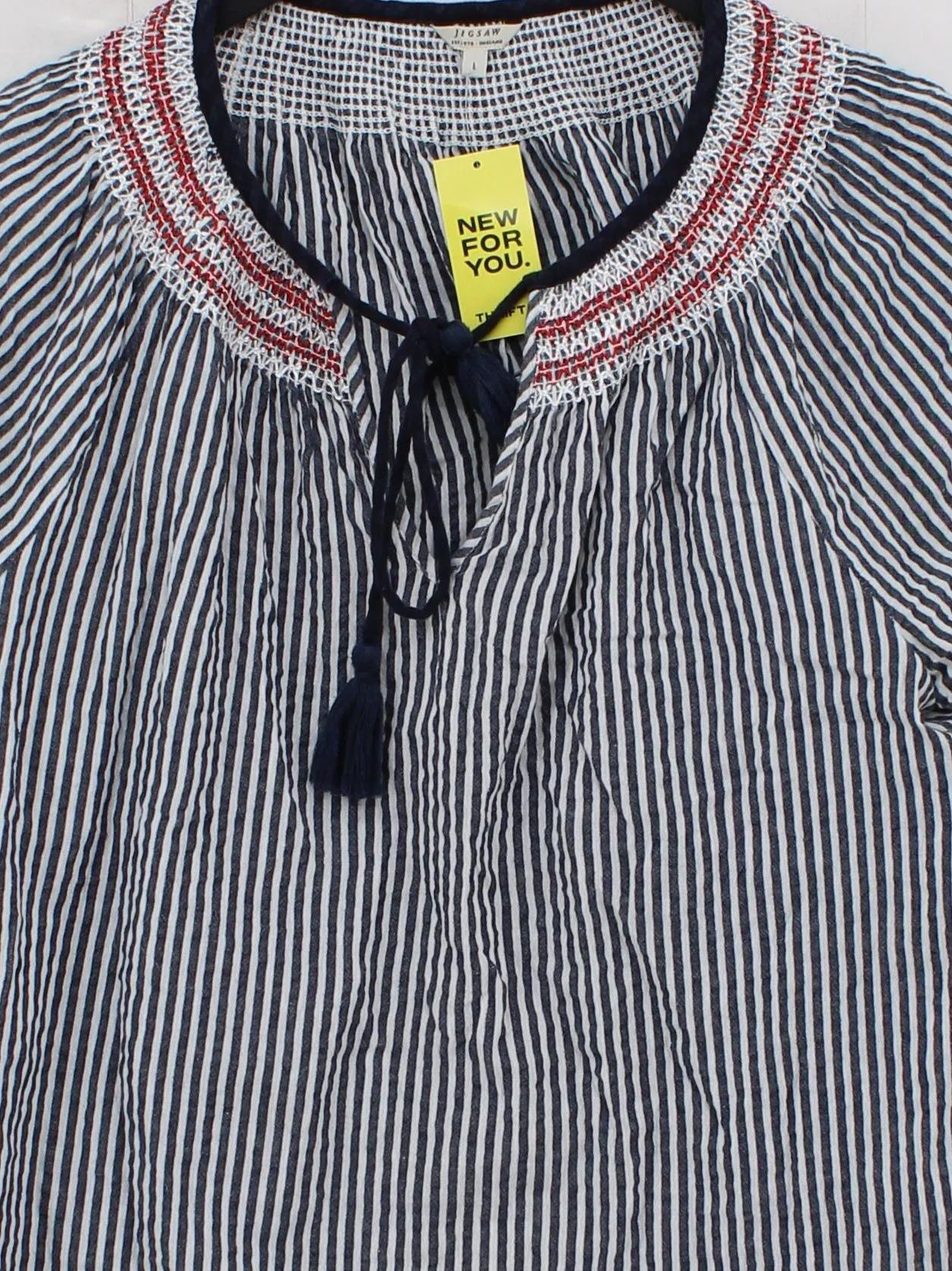 Jigsaw Women's Top L Blue Striped Cotton with Nylon Short Sleeve V-Neck Basic - Image 3