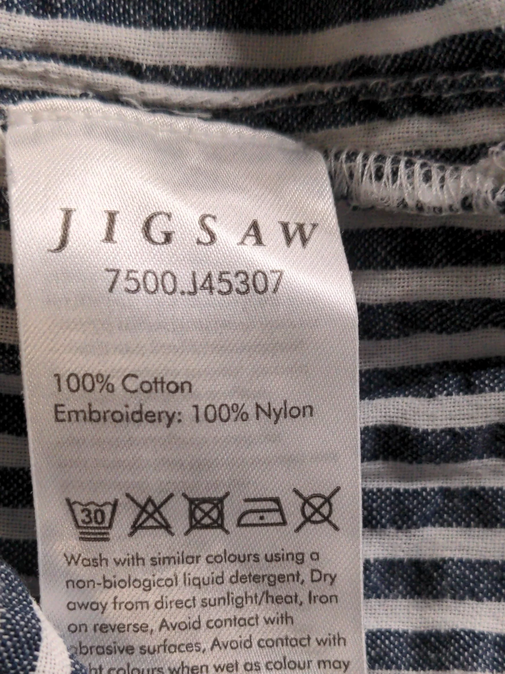 Jigsaw Women's Top L Blue Striped Cotton with Nylon Short Sleeve V-Neck Basic - Image 6