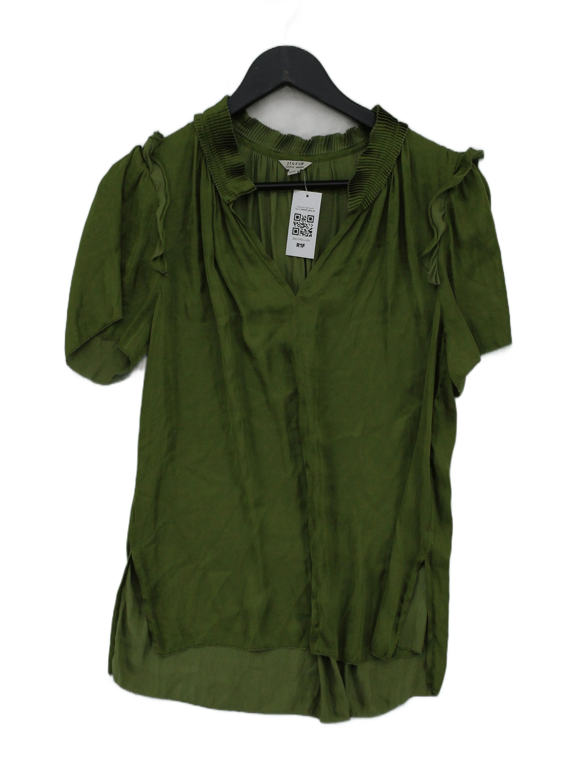 Jigsaw Women's Top UK 12 Green 100% Polyester Short Sleeve V-Neck Basic